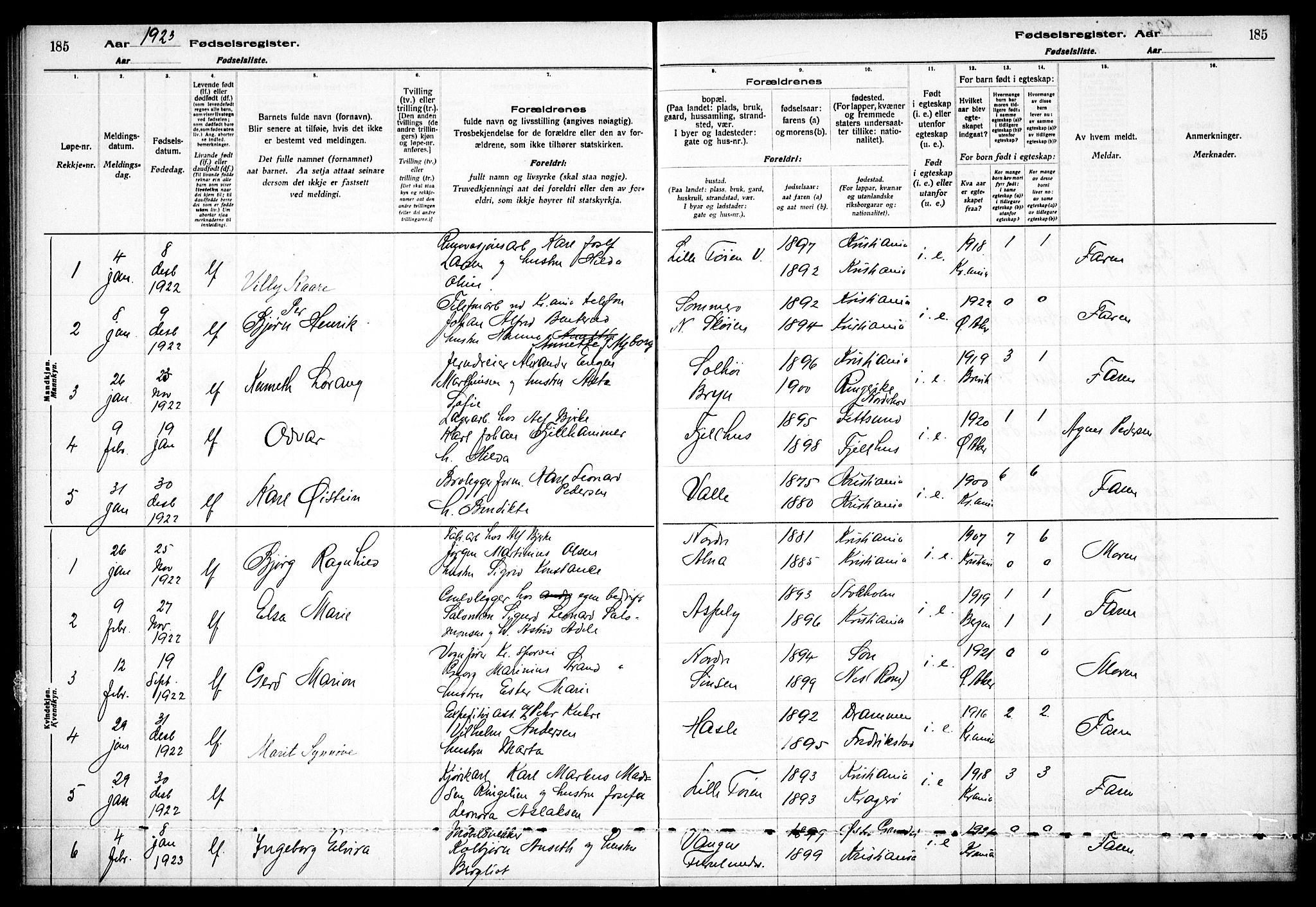 Østre Aker prestekontor Kirkebøker, AV/SAO-A-10840/J/Ja/L0001: Birth register no. I 1, 1916-1923, p. 185