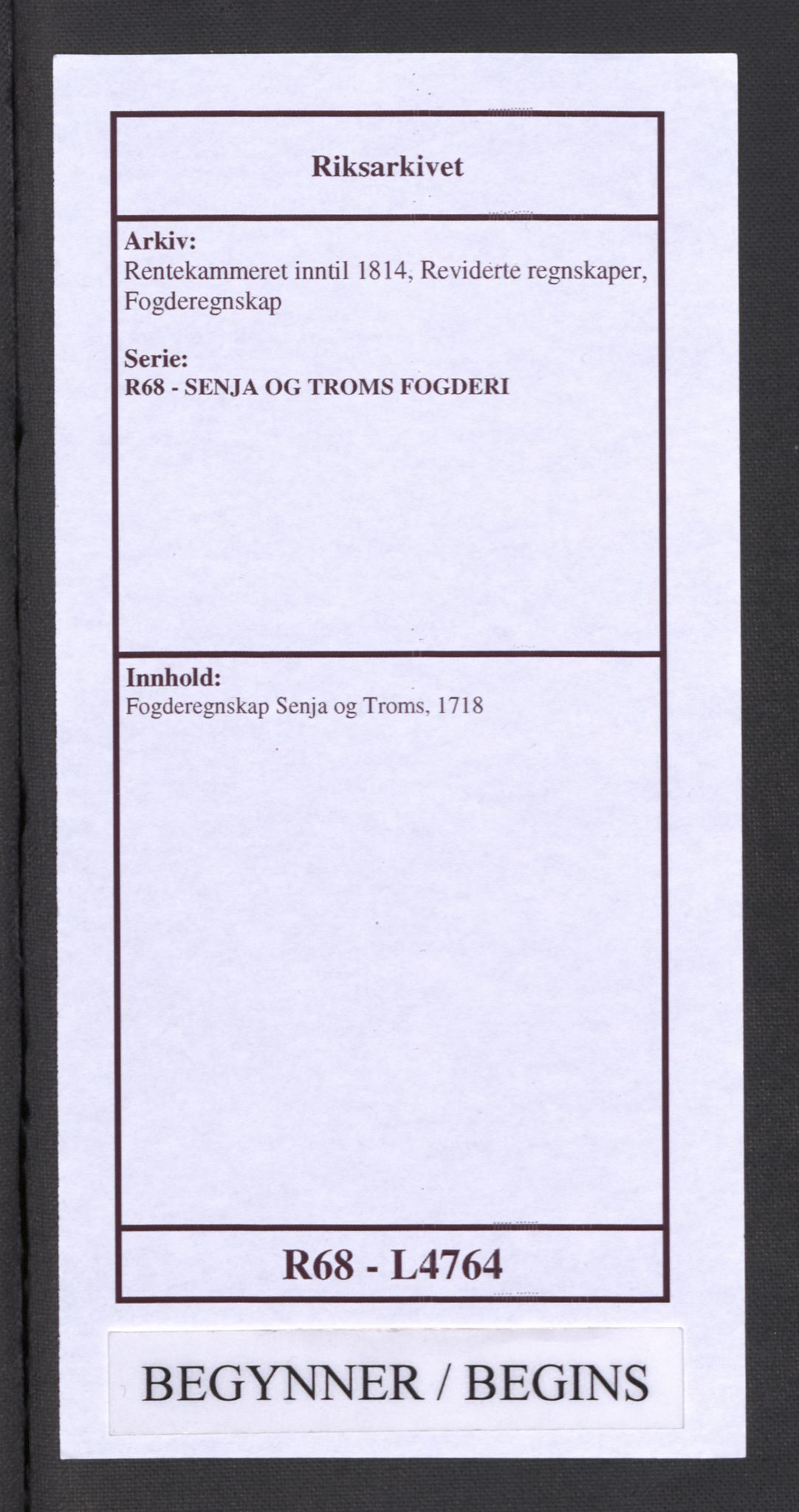 Rentekammeret inntil 1814, Reviderte regnskaper, Fogderegnskap, AV/RA-EA-4092/R68/L4764: Fogderegnskap Senja og Troms, 1718, p. 1