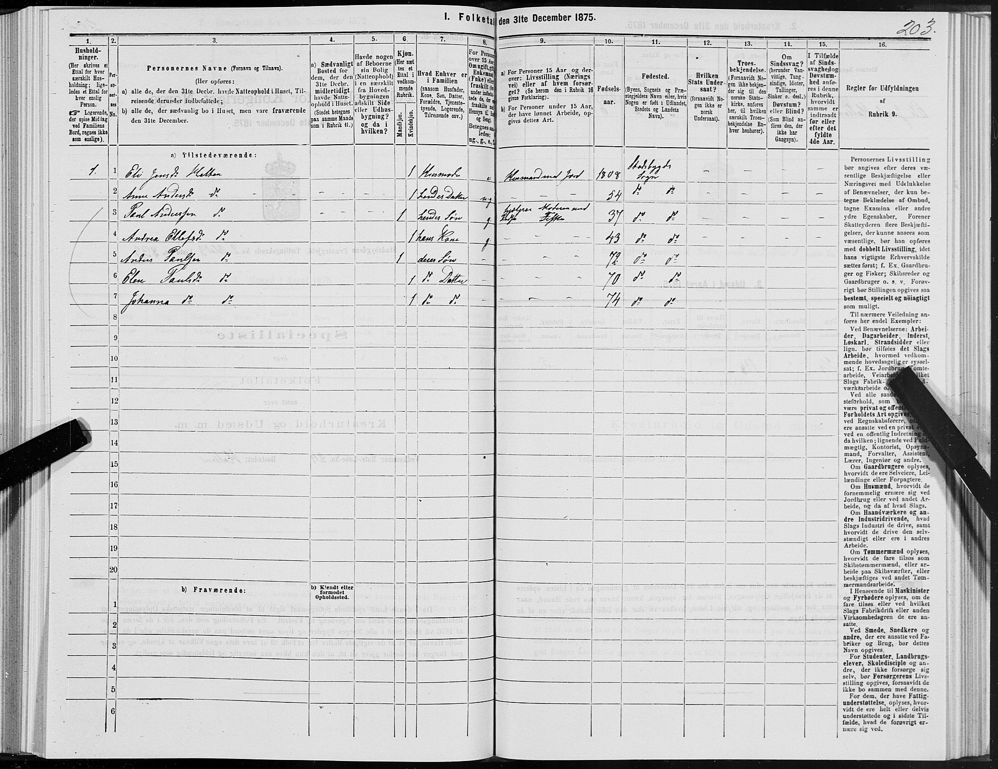 SAT, 1875 census for 1625P Stadsbygd, 1875, p. 1203
