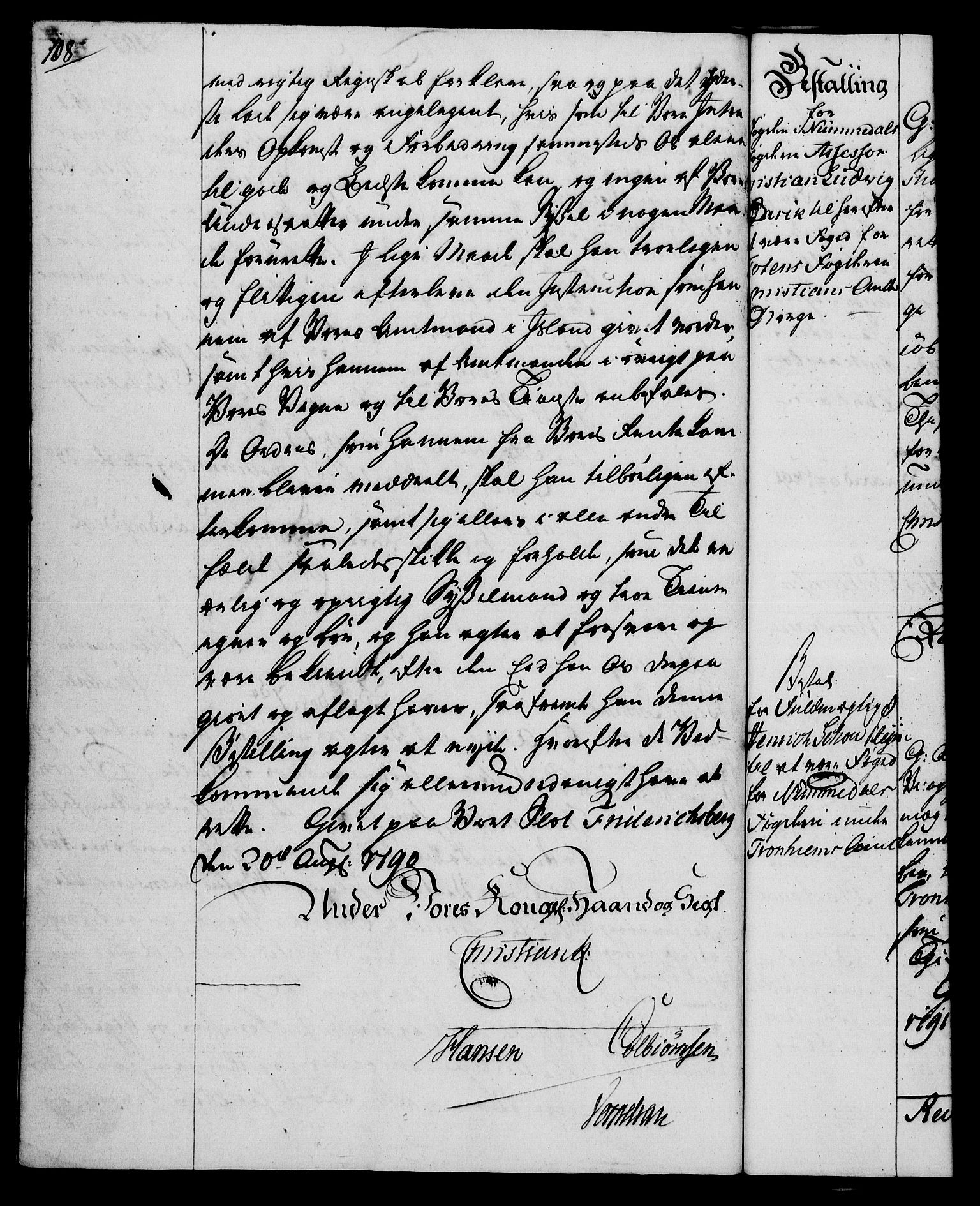 Rentekammeret, Kammerkanselliet, RA/EA-3111/G/Gg/Gge/L0006: Norsk bestallingsprotokoll med register (merket RK 53.30), 1773-1814, p. 108