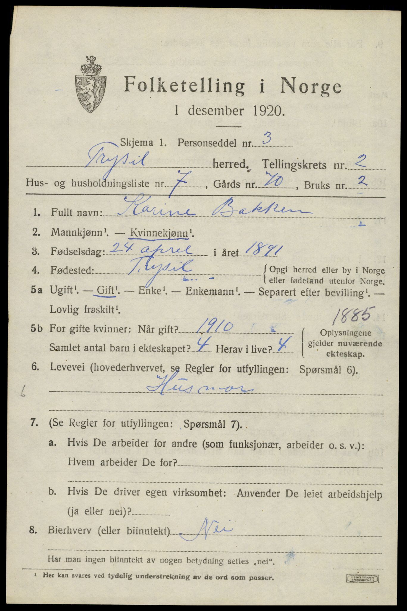 SAH, 1920 census for Trysil, 1920, p. 3157