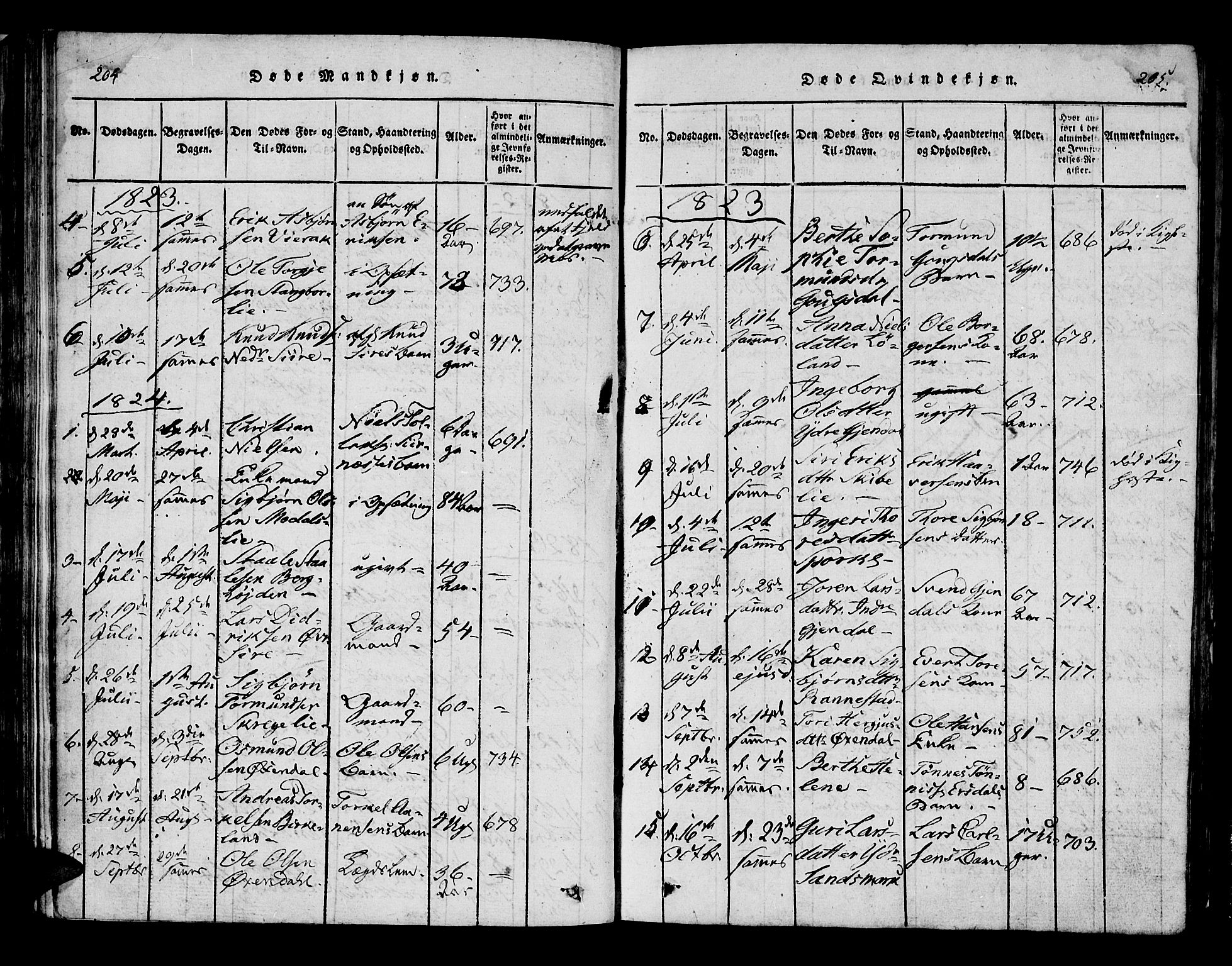 Bakke sokneprestkontor, SAK/1111-0002/F/Fa/Faa/L0003: Parish register (official) no. A 3, 1815-1835, p. 204-205