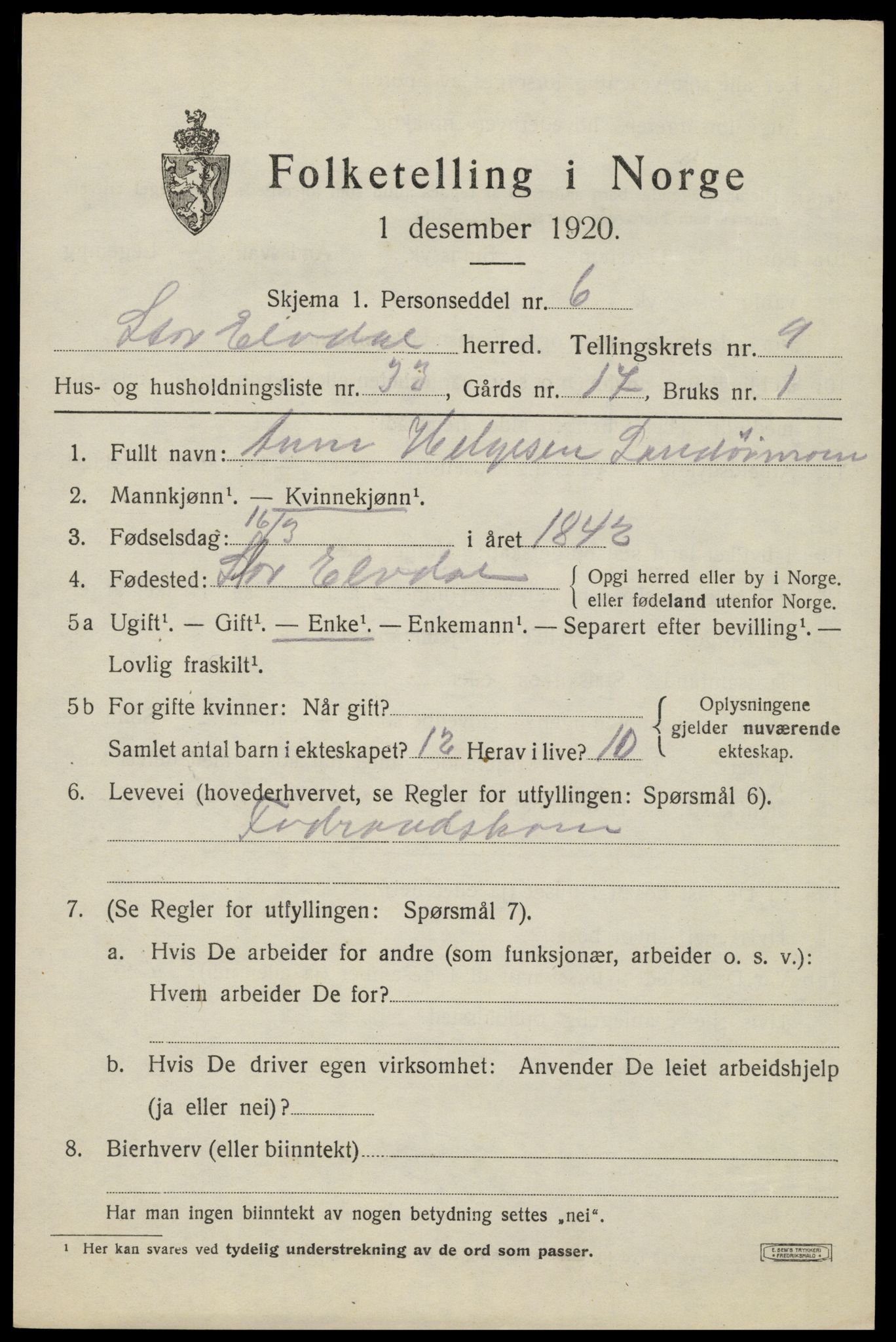 SAH, 1920 census for Stor-Elvdal, 1920, p. 8878