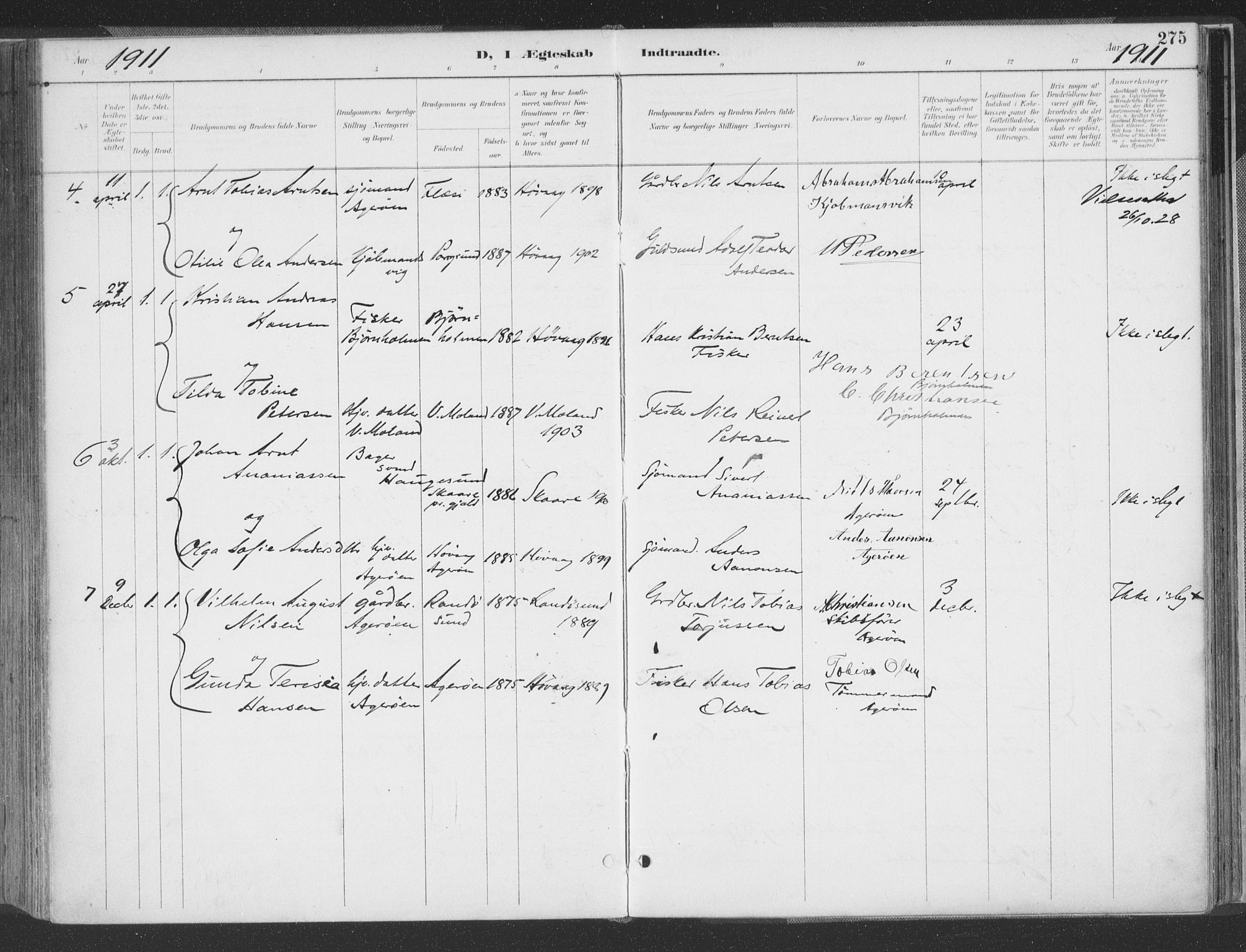 Høvåg sokneprestkontor, SAK/1111-0025/F/Fa/L0006: Parish register (official) no. A 6, 1894-1923, p. 275