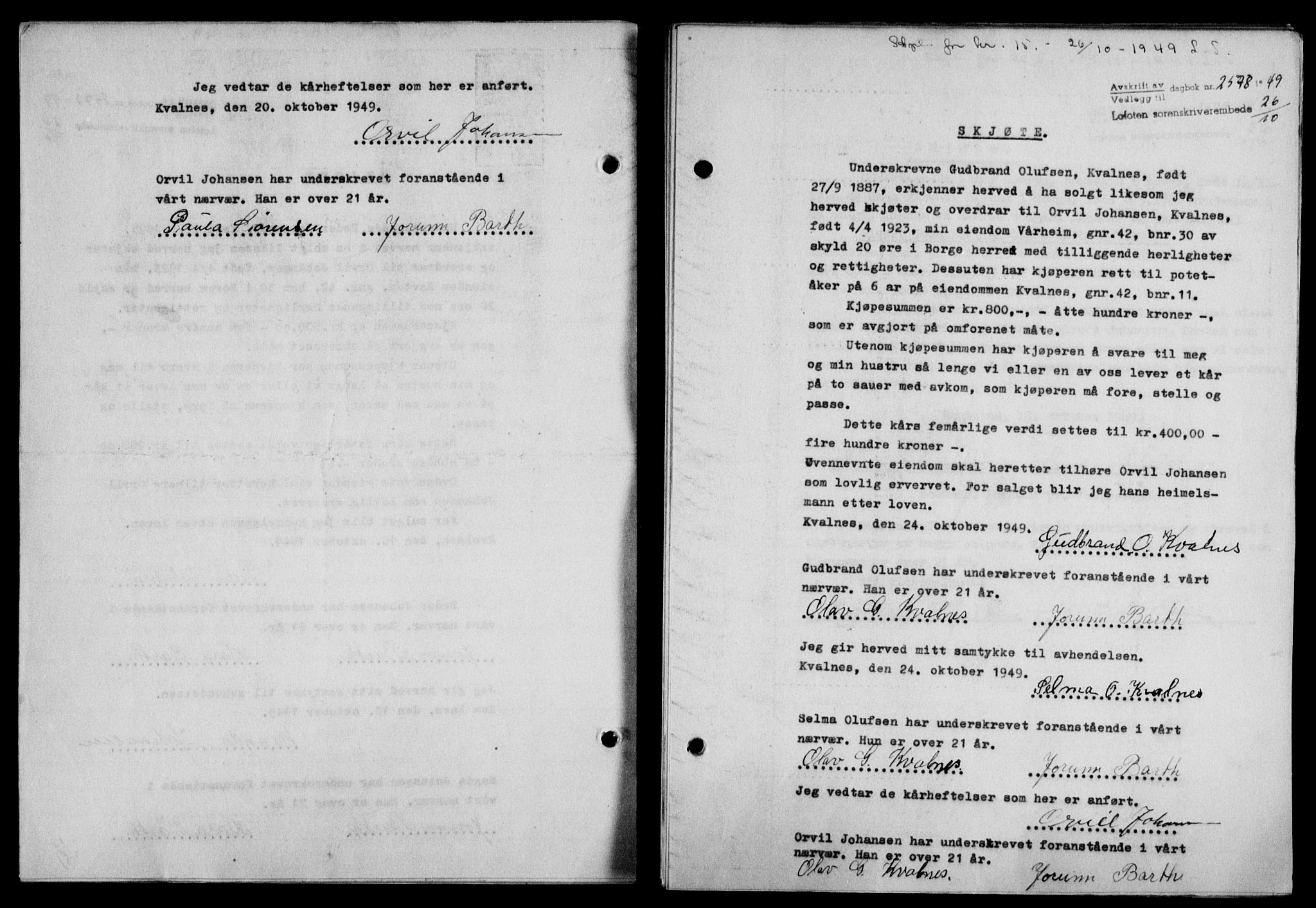 Lofoten sorenskriveri, SAT/A-0017/1/2/2C/L0022a: Mortgage book no. 22a, 1949-1950, Diary no: : 2578/1949