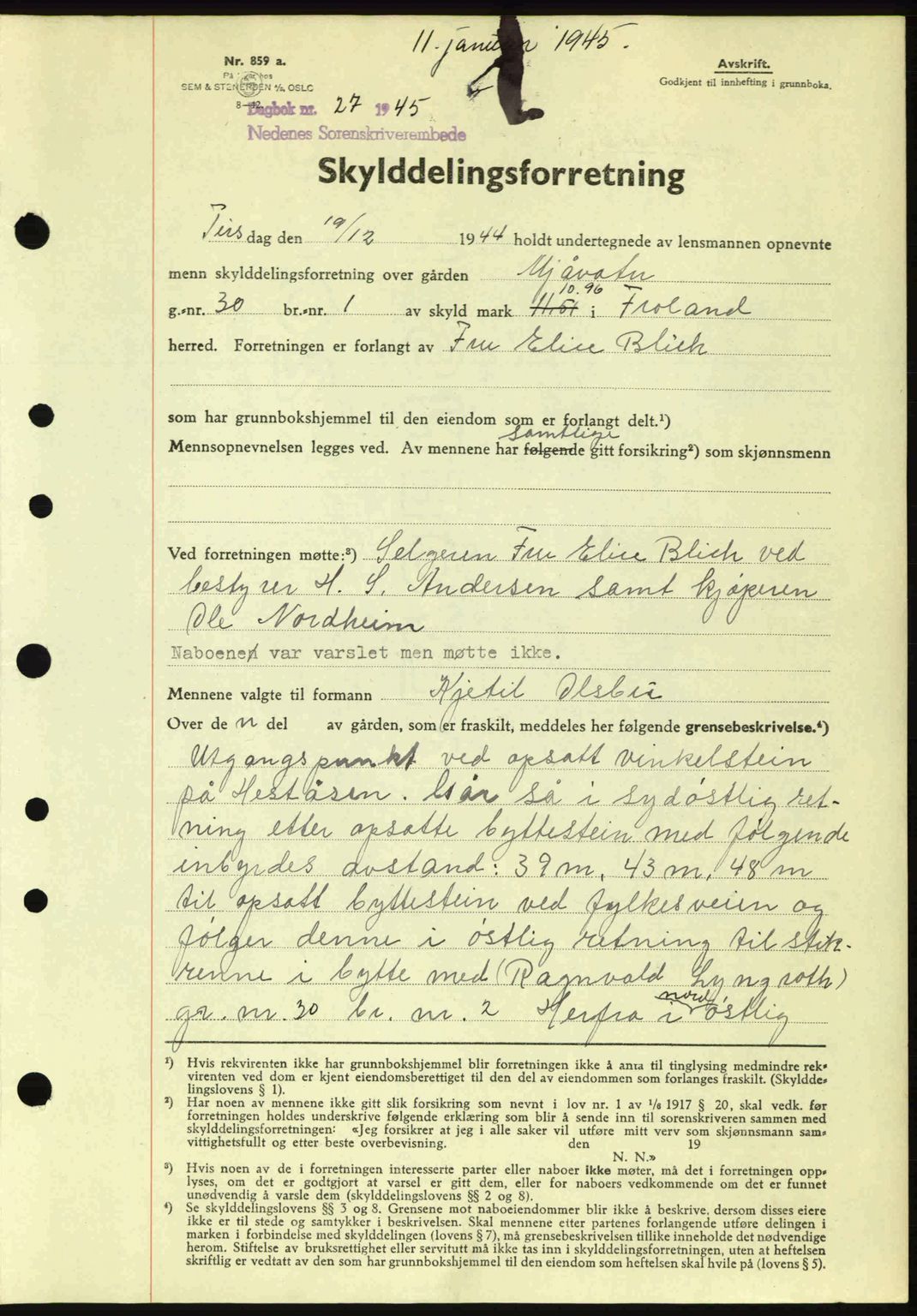 Nedenes sorenskriveri, AV/SAK-1221-0006/G/Gb/Gba/L0052: Mortgage book no. A6a, 1944-1945, Diary no: : 27/1945