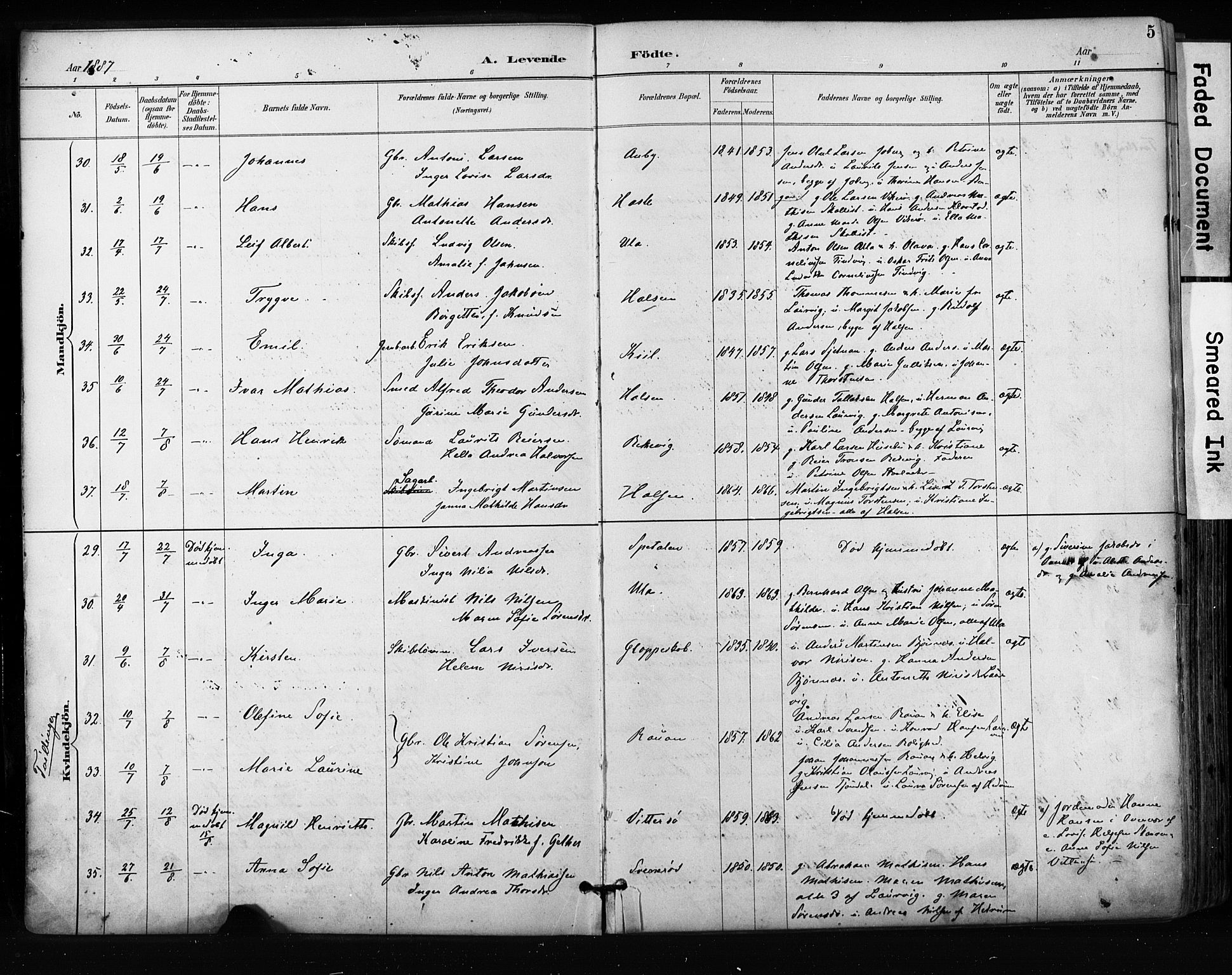 Tjølling kirkebøker, SAKO/A-60/F/Fa/L0009: Parish register (official) no. 9, 1887-1905, p. 5