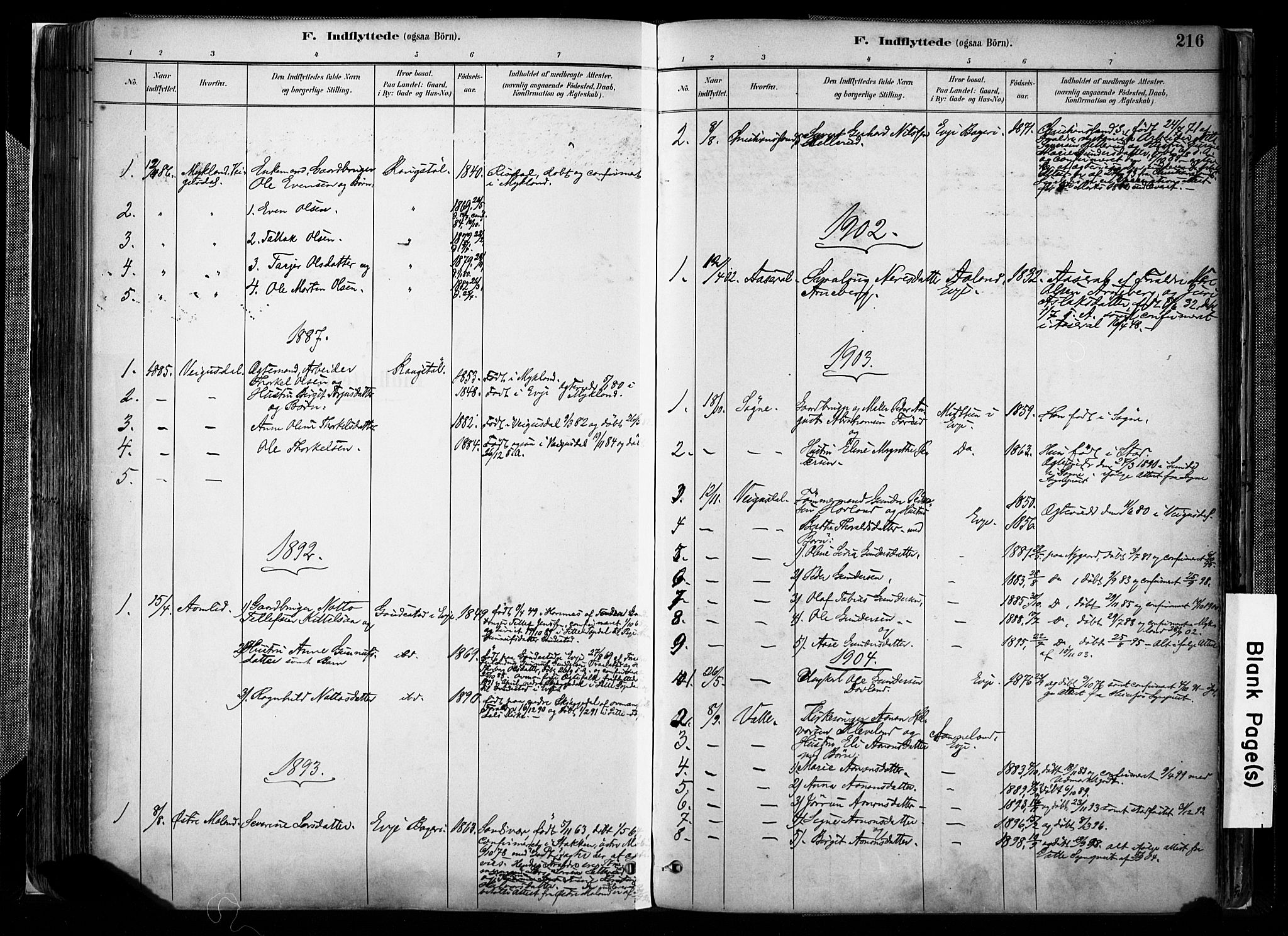 Evje sokneprestkontor, SAK/1111-0008/F/Fa/Faa/L0007: Parish register (official) no. A 7, 1884-1909, p. 216