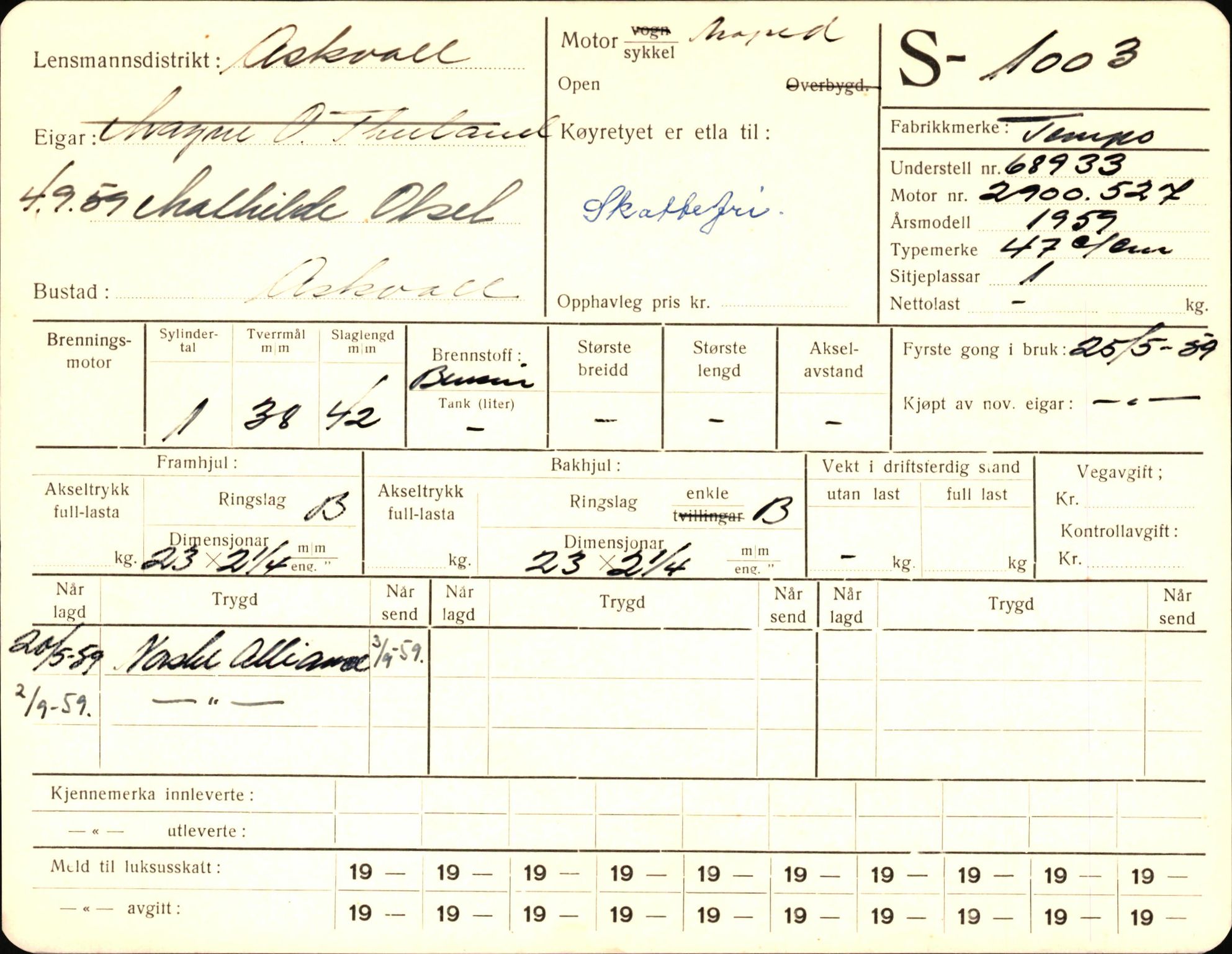 Statens vegvesen, Sogn og Fjordane vegkontor, AV/SAB-A-5301/4/F/L0003: Registerkort utmeldte Fjordane S1000-2499, 1930-1961, p. 7