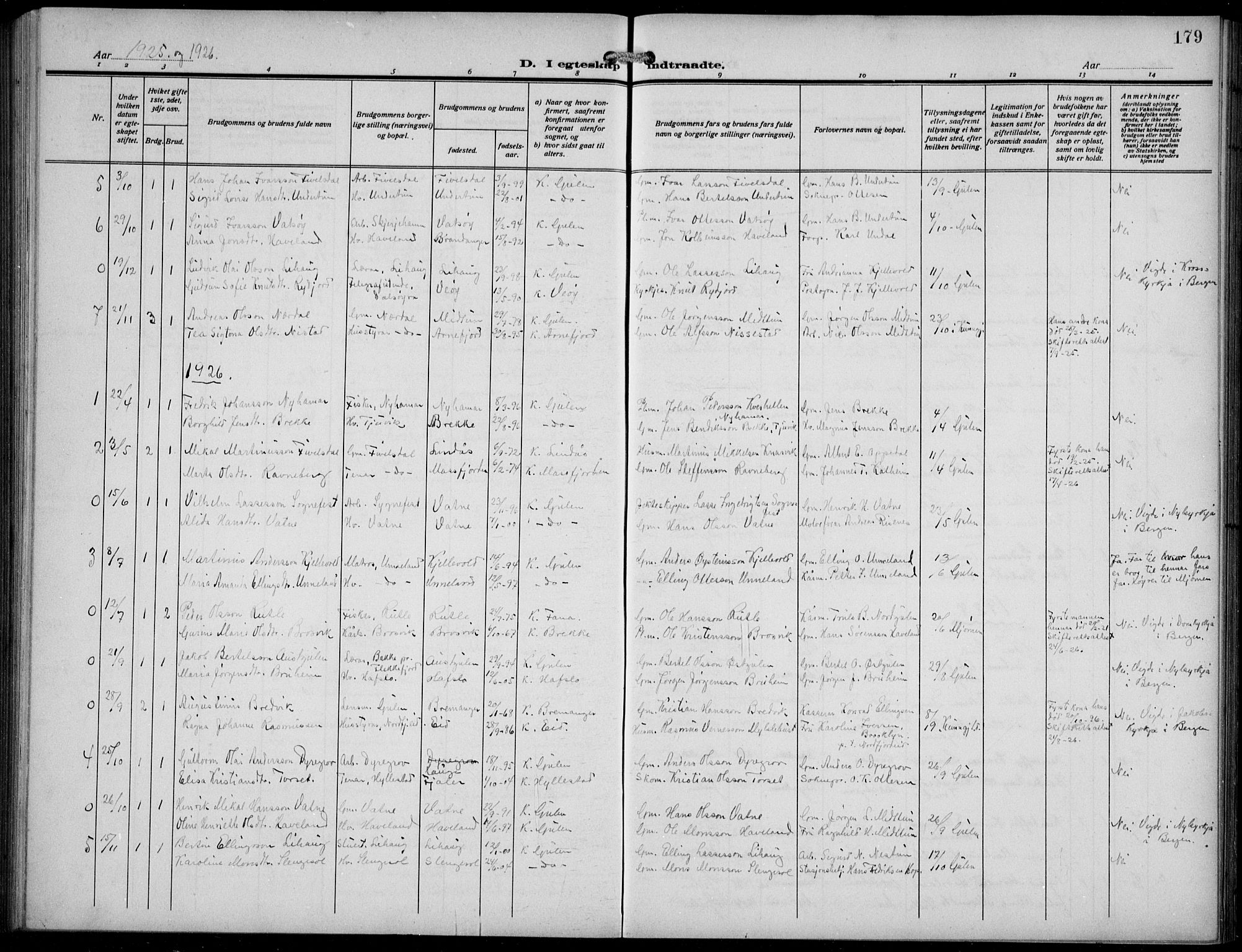 Gulen sokneprestembete, AV/SAB-A-80201/H/Hab/Habb/L0004: Parish register (copy) no. B 4, 1908-1936, p. 179