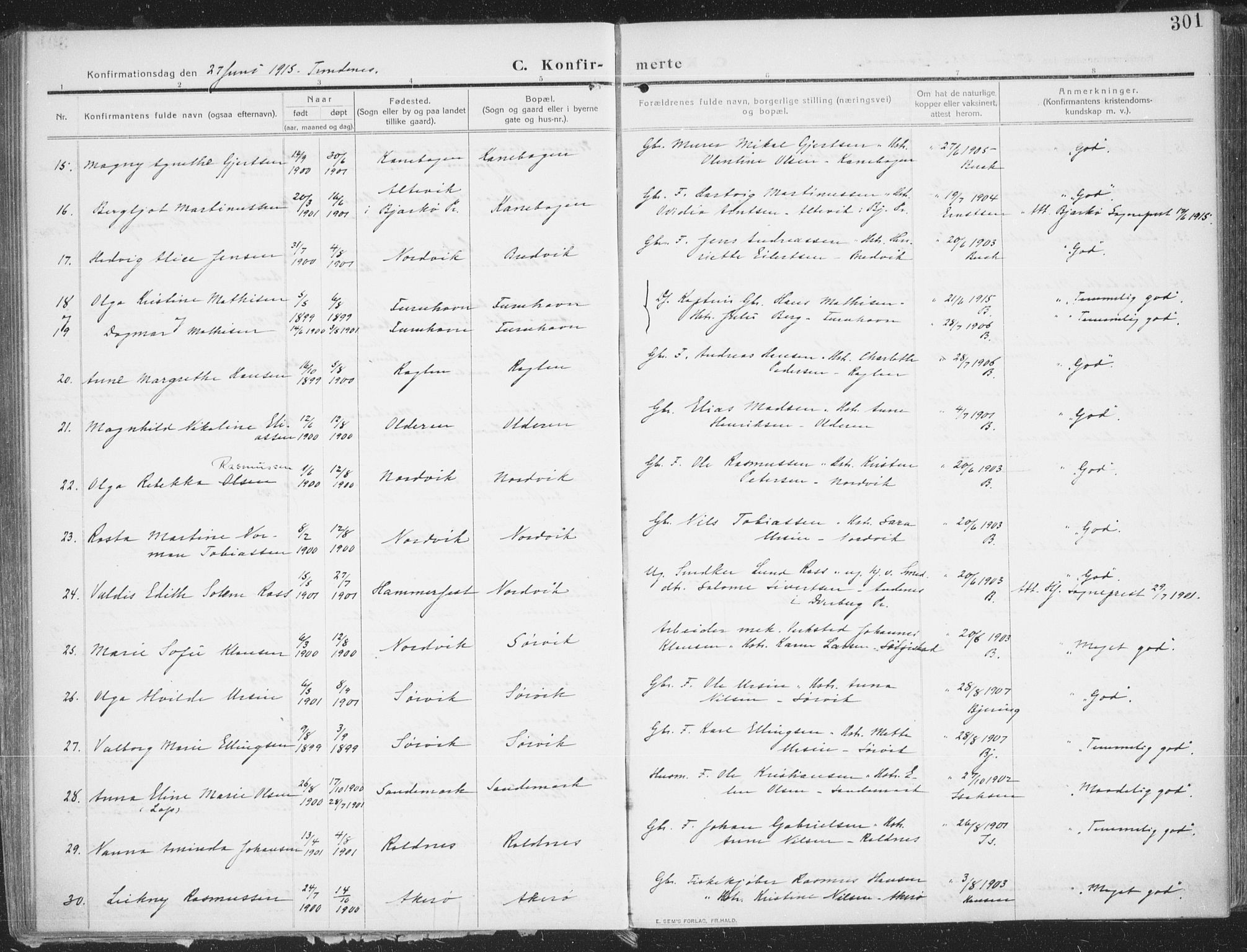 Trondenes sokneprestkontor, SATØ/S-1319/H/Ha/L0018kirke: Parish register (official) no. 18, 1909-1918, p. 301