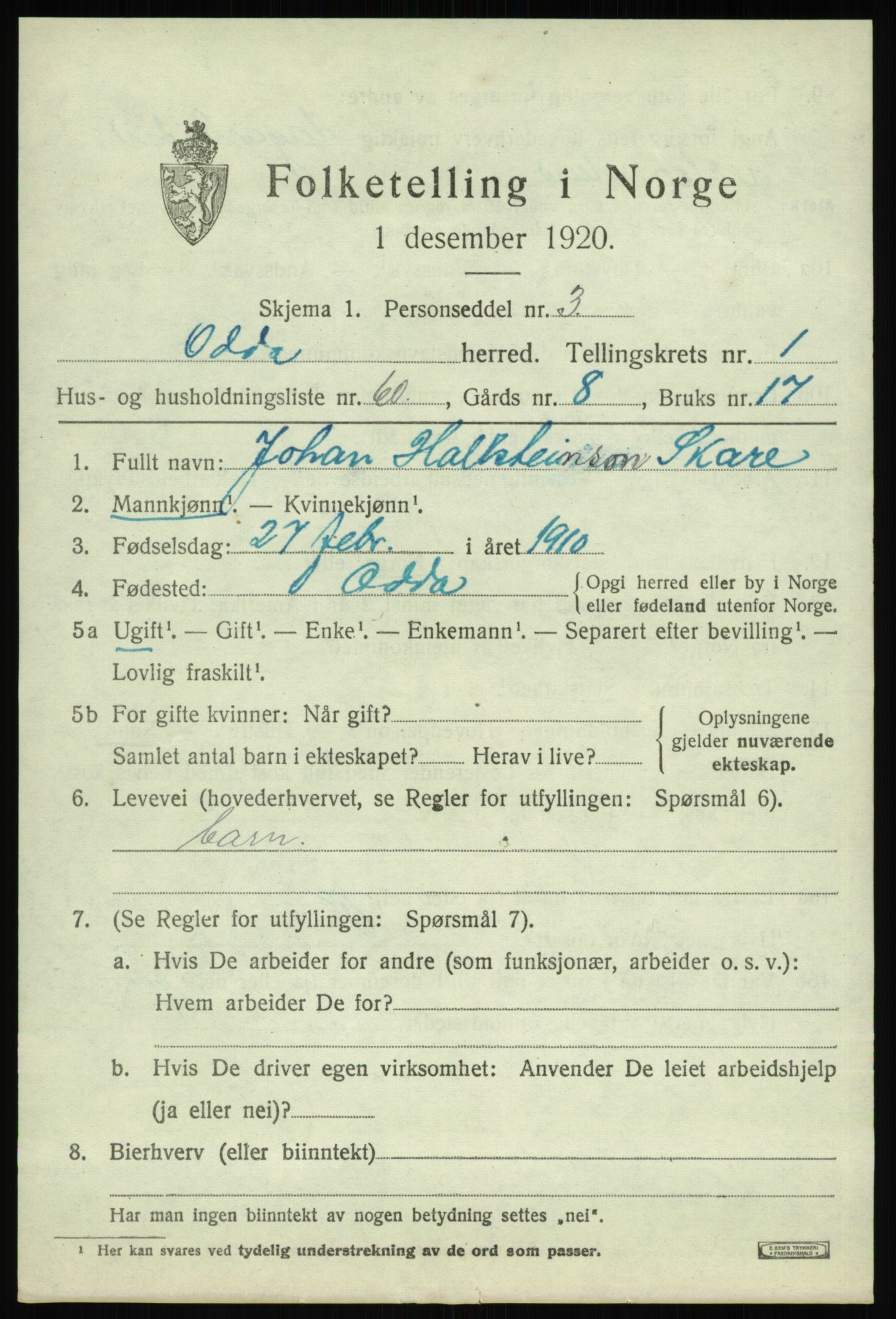 SAB, 1920 census for Odda, 1920, p. 1835