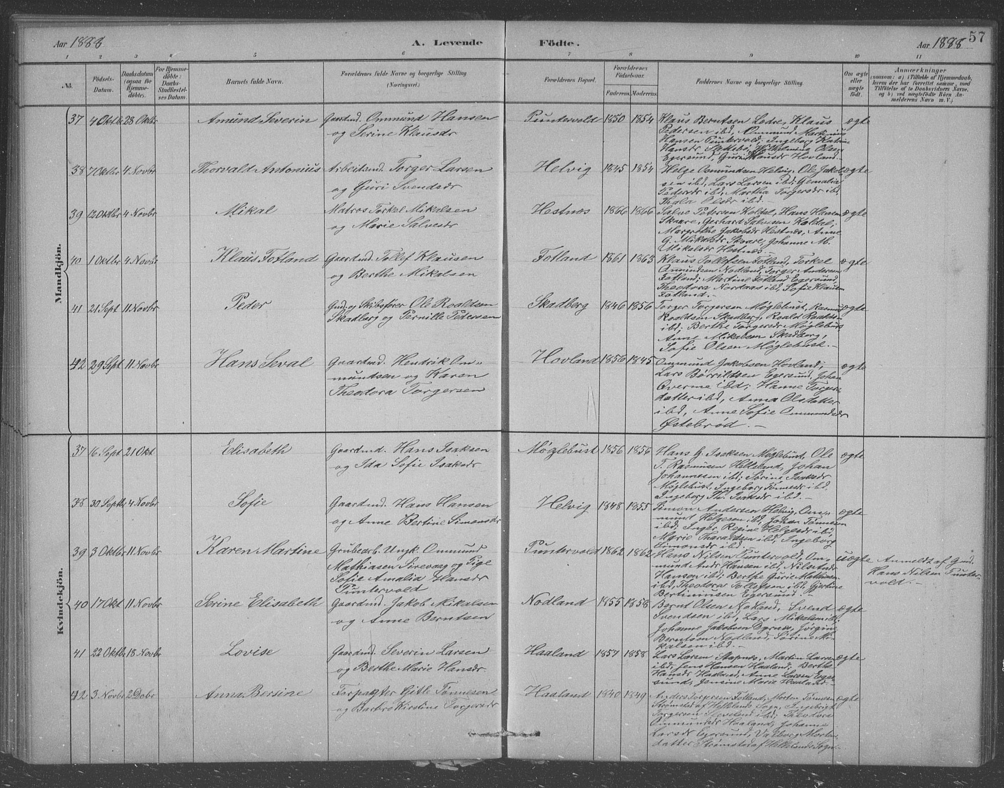 Eigersund sokneprestkontor, AV/SAST-A-101807/S09/L0007: Parish register (copy) no. B 7, 1882-1892, p. 57