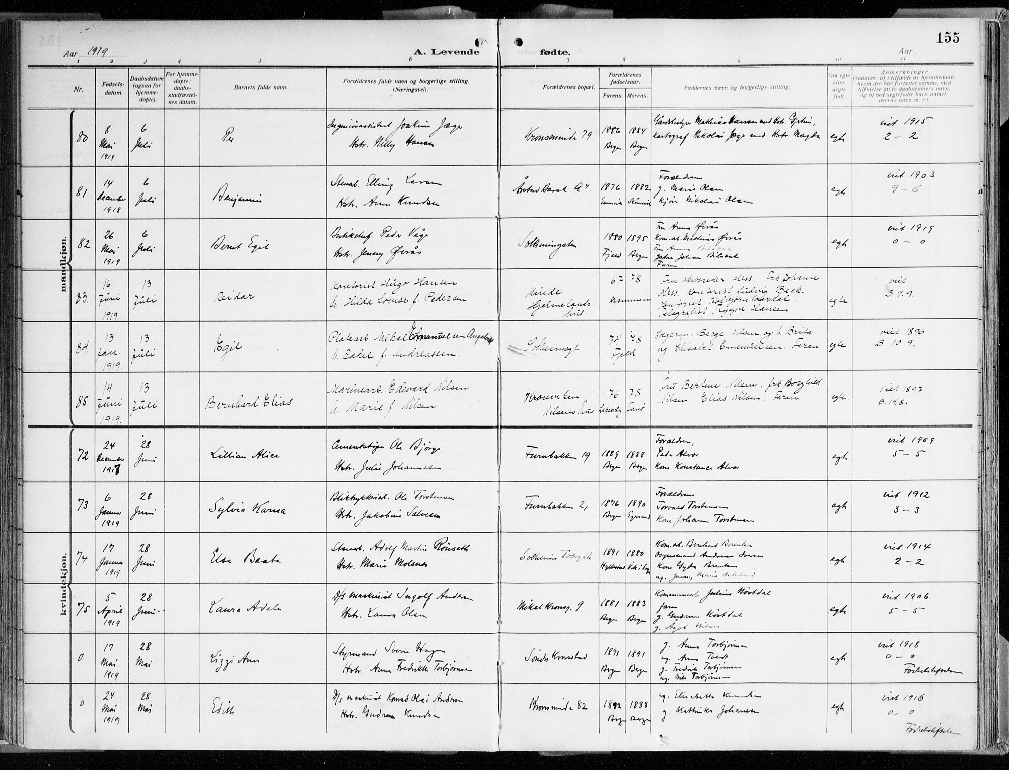 Årstad Sokneprestembete, AV/SAB-A-79301/H/Haa/L0003: Parish register (official) no. A 3, 1914-1919, p. 155