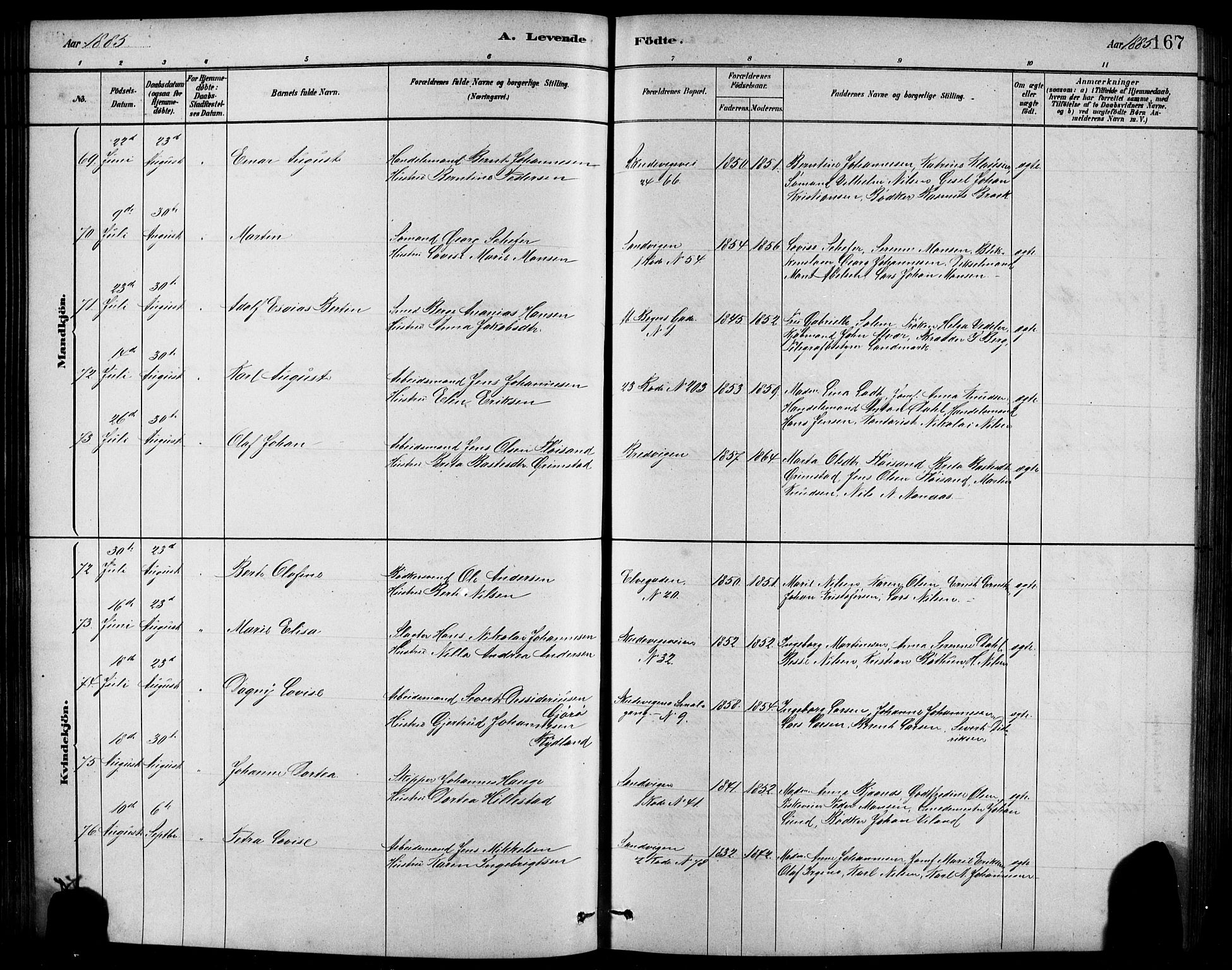 Sandviken Sokneprestembete, AV/SAB-A-77601/H/Hb/L0001: Parish register (copy) no. A 2, 1879-1892, p. 167