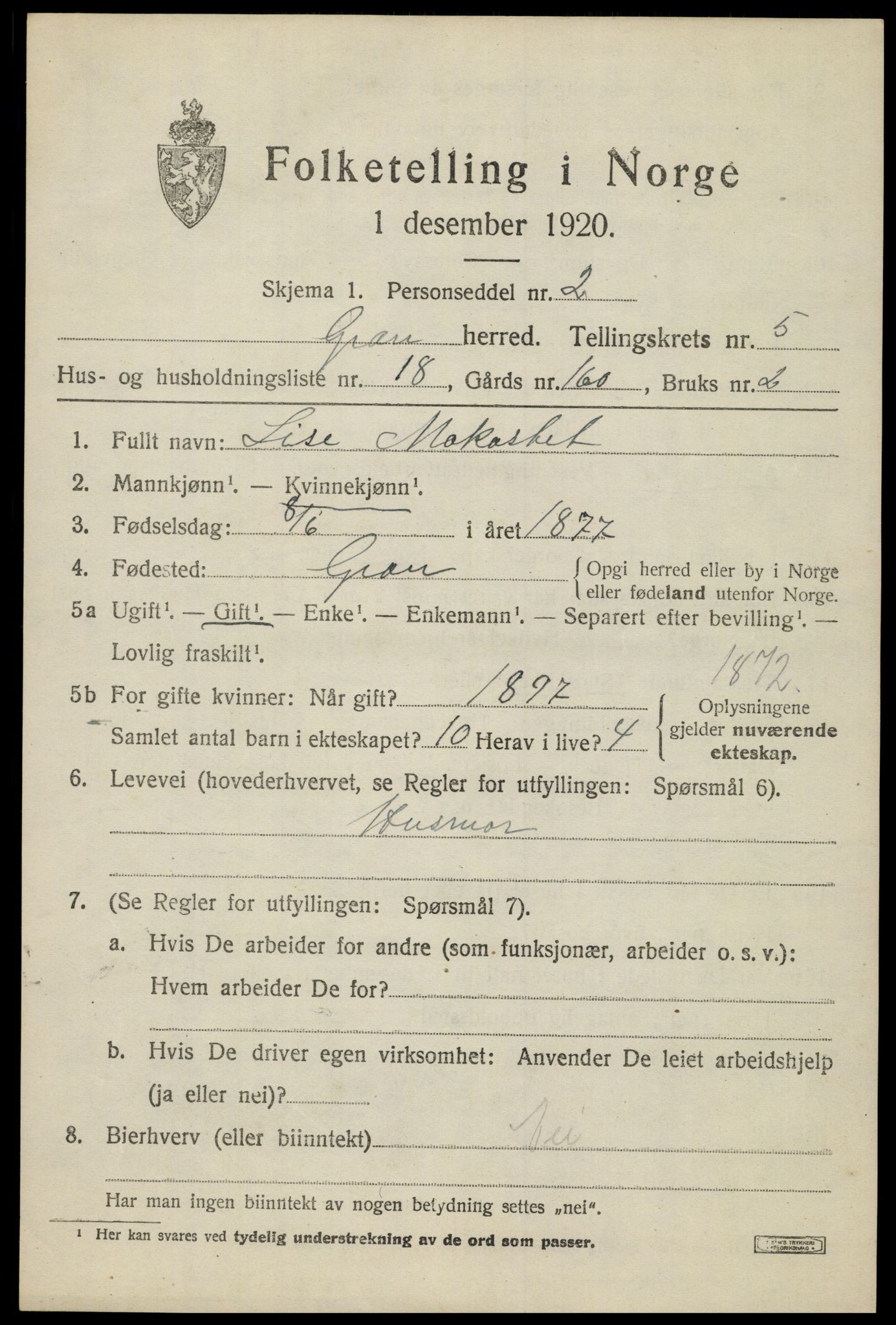 SAH, 1920 census for Gran, 1920, p. 7155