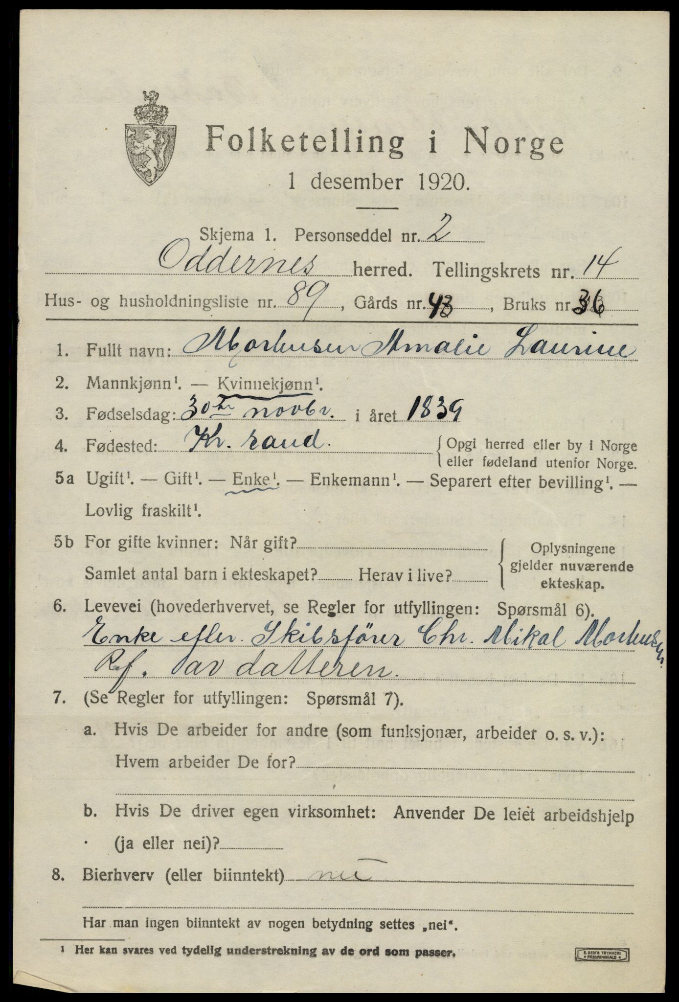 SAK, 1920 census for Oddernes, 1920, p. 9655