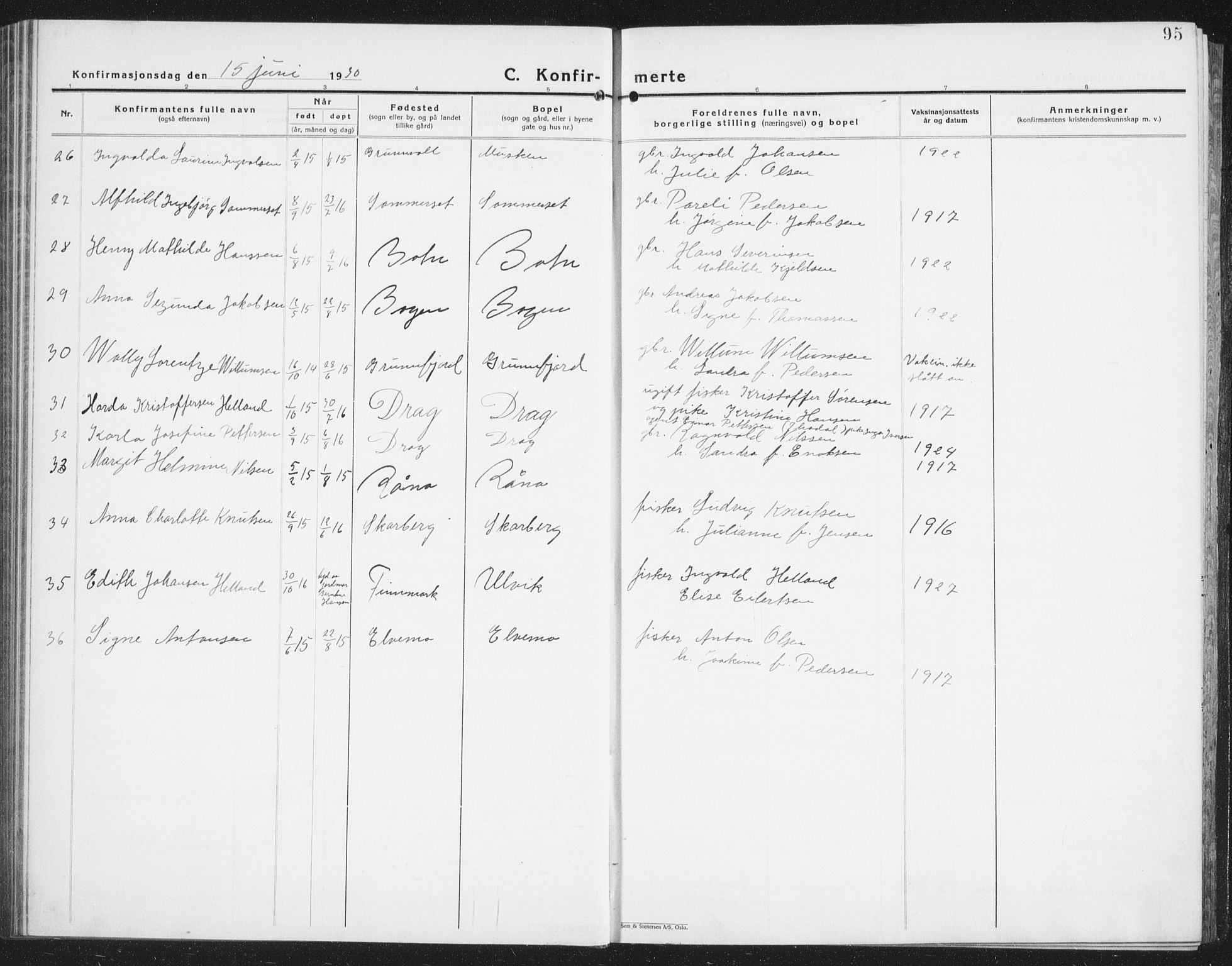 Ministerialprotokoller, klokkerbøker og fødselsregistre - Nordland, AV/SAT-A-1459/861/L0879: Parish register (copy) no. 861C05, 1926-1939, p. 95