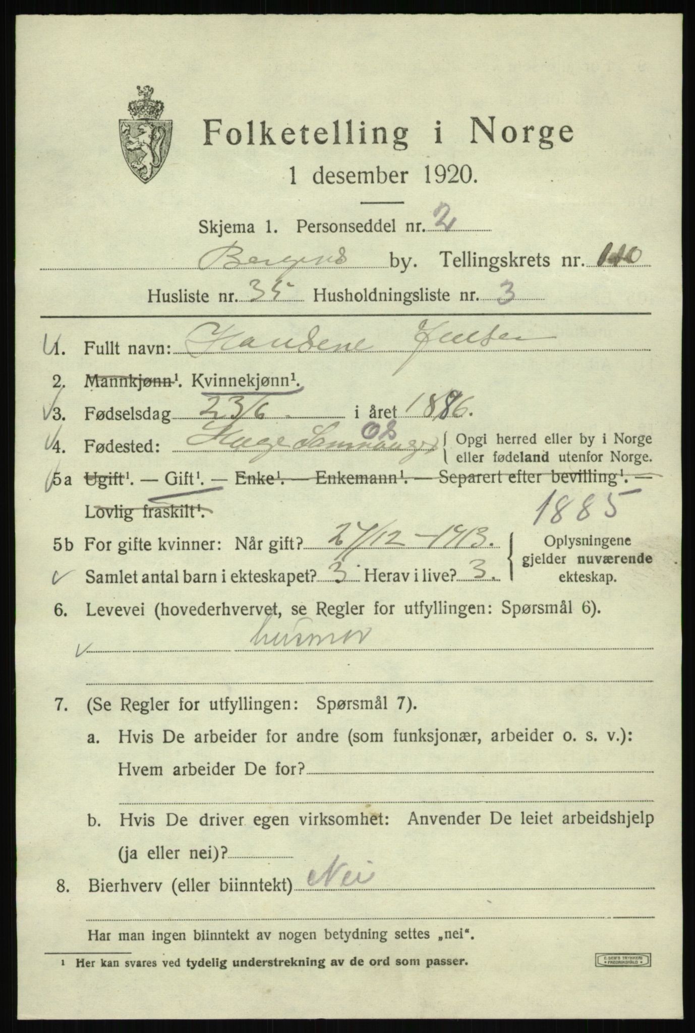 SAB, 1920 census for Bergen, 1920, p. 190554