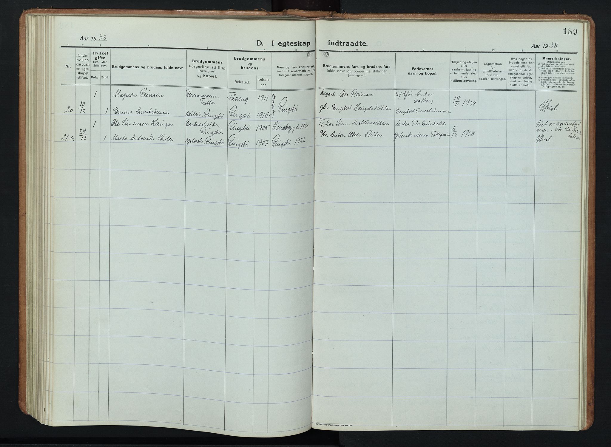 Ringebu prestekontor, SAH/PREST-082/H/Ha/Hab/L0011: Parish register (copy) no. 11, 1921-1943, p. 189