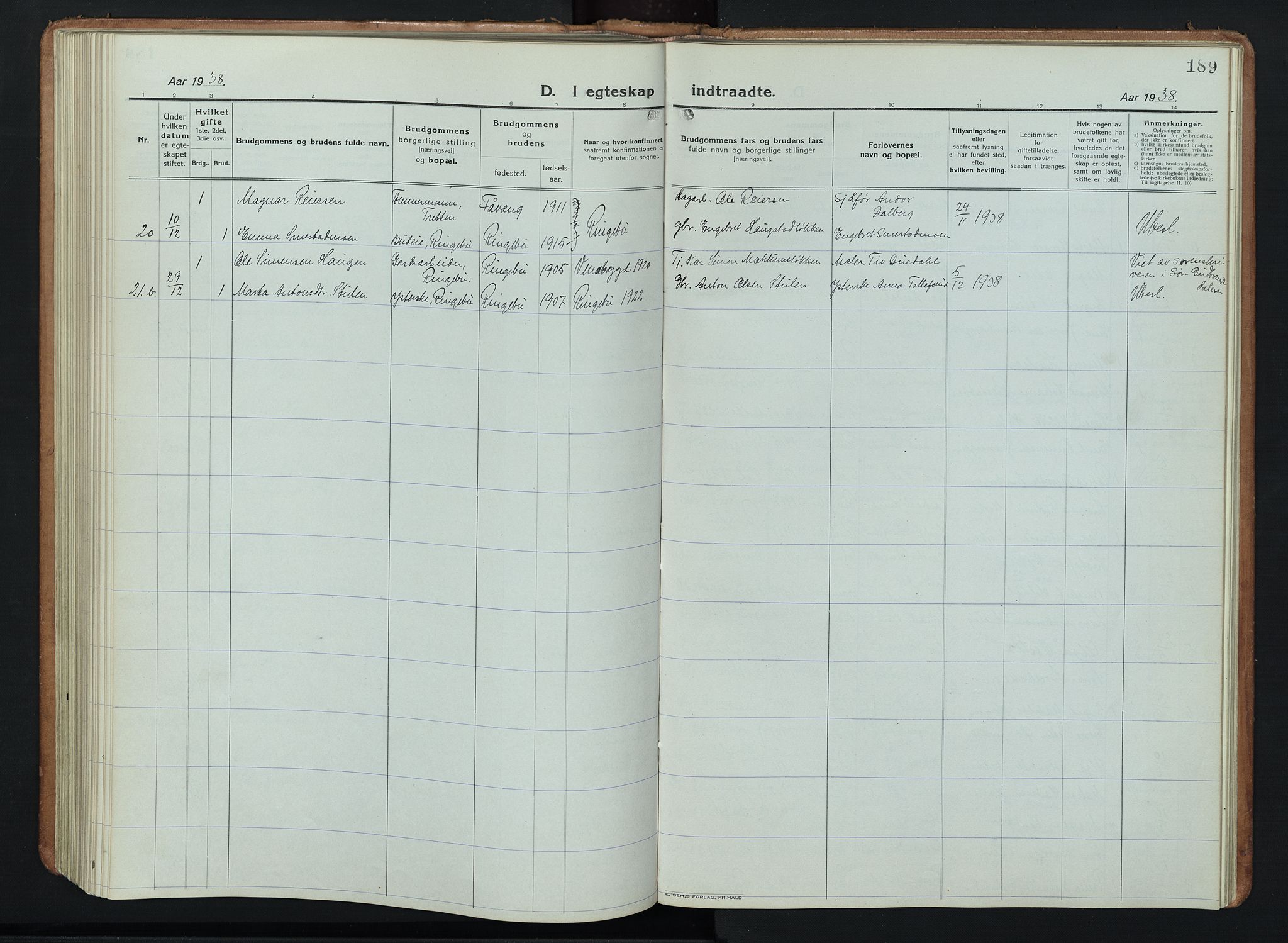 Ringebu prestekontor, AV/SAH-PREST-082/H/Ha/Hab/L0011: Parish register (copy) no. 11, 1921-1943, p. 189