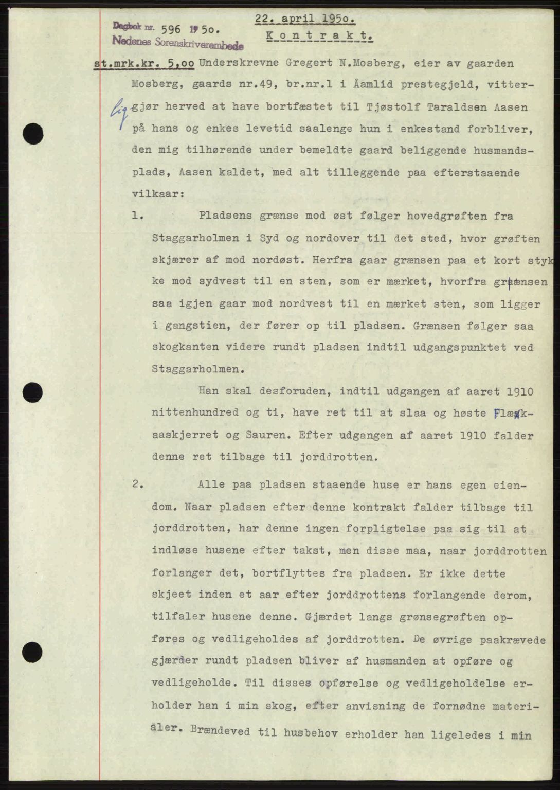 Nedenes sorenskriveri, SAK/1221-0006/G/Gb/Gba/L0062: Mortgage book no. A14, 1949-1950, Diary no: : 596/1950