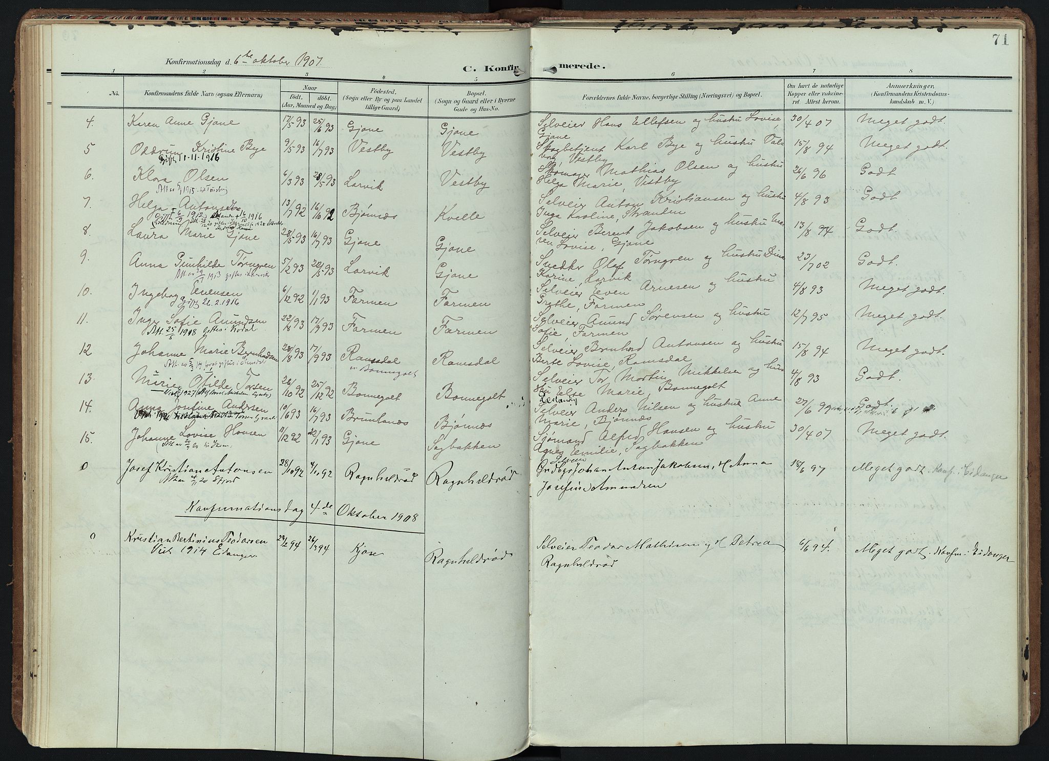 Hedrum kirkebøker, AV/SAKO-A-344/F/Fb/L0002: Parish register (official) no. II 2, 1906-1924, p. 71