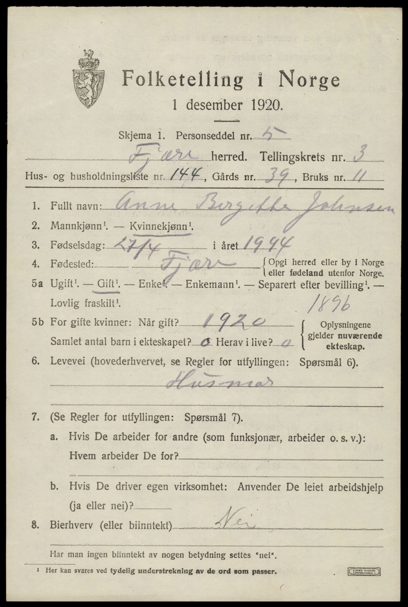 SAK, 1920 census for Fjære, 1920, p. 6333