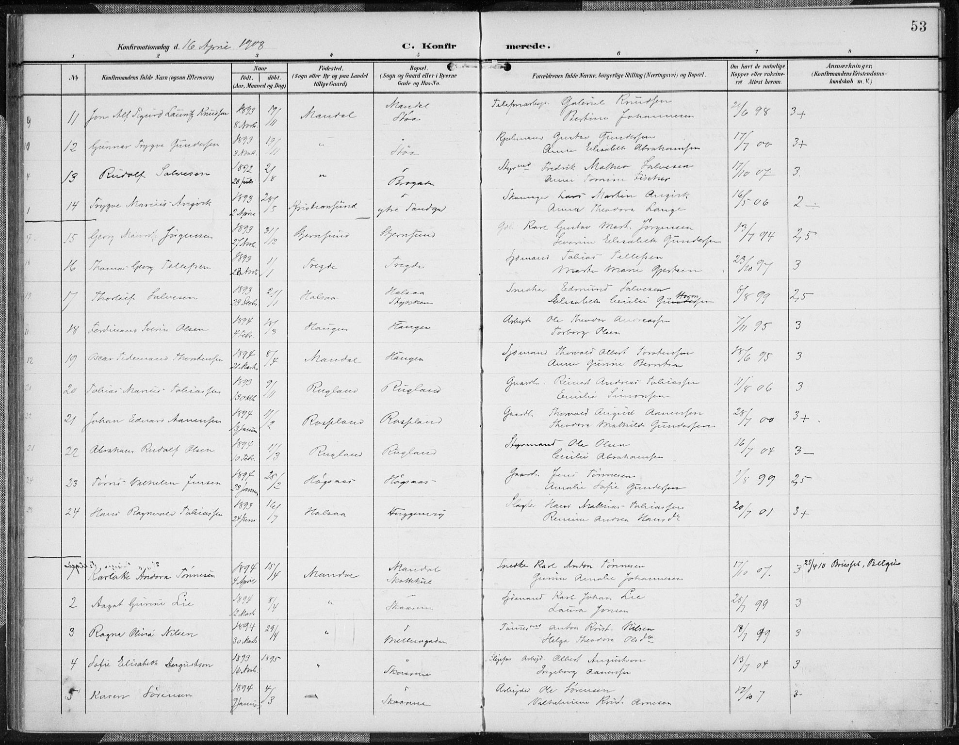 Mandal sokneprestkontor, AV/SAK-1111-0030/F/Fa/Faa/L0019: Parish register (official) no. A 19, 1902-1912, p. 53