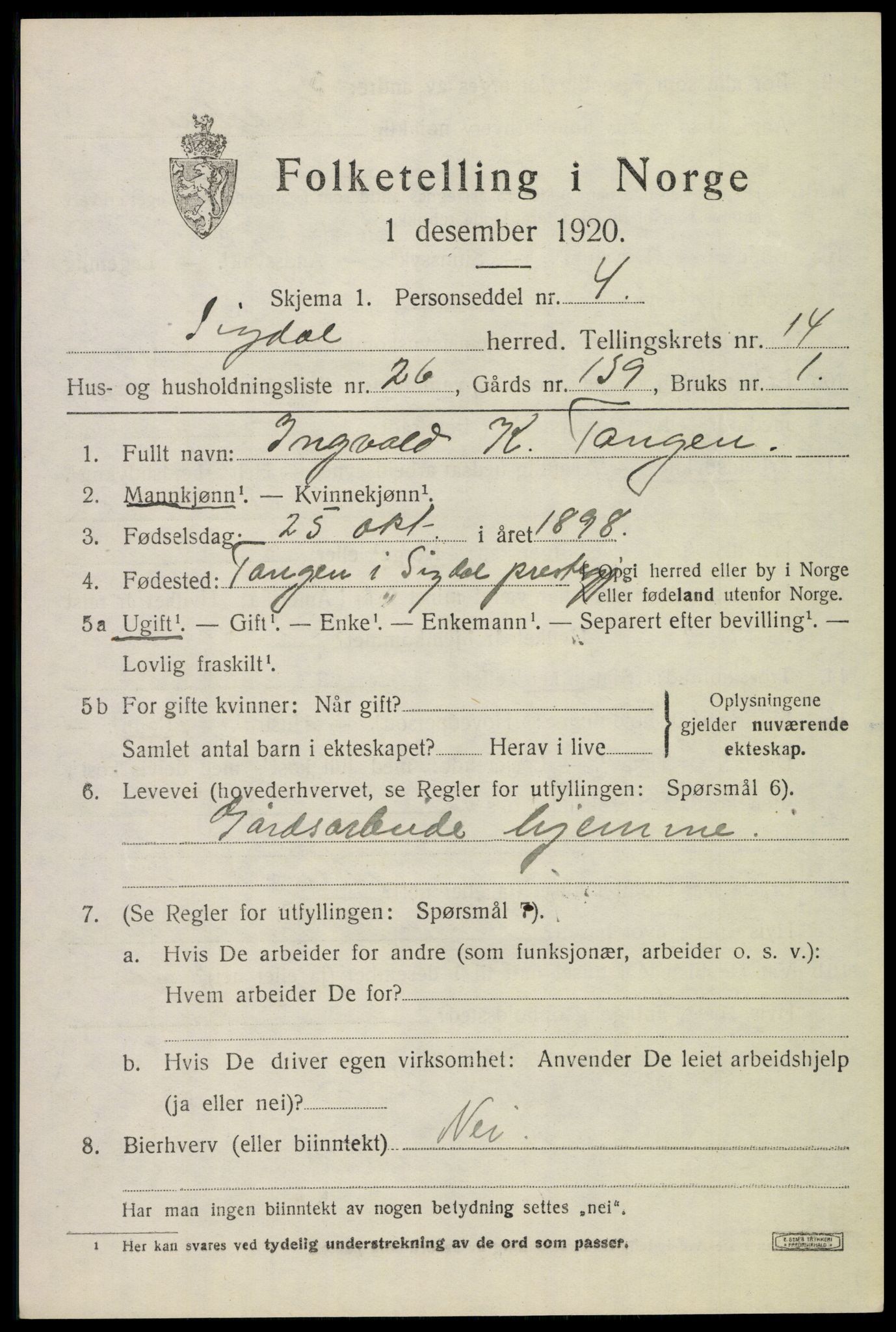 SAKO, 1920 census for Sigdal, 1920, p. 8892