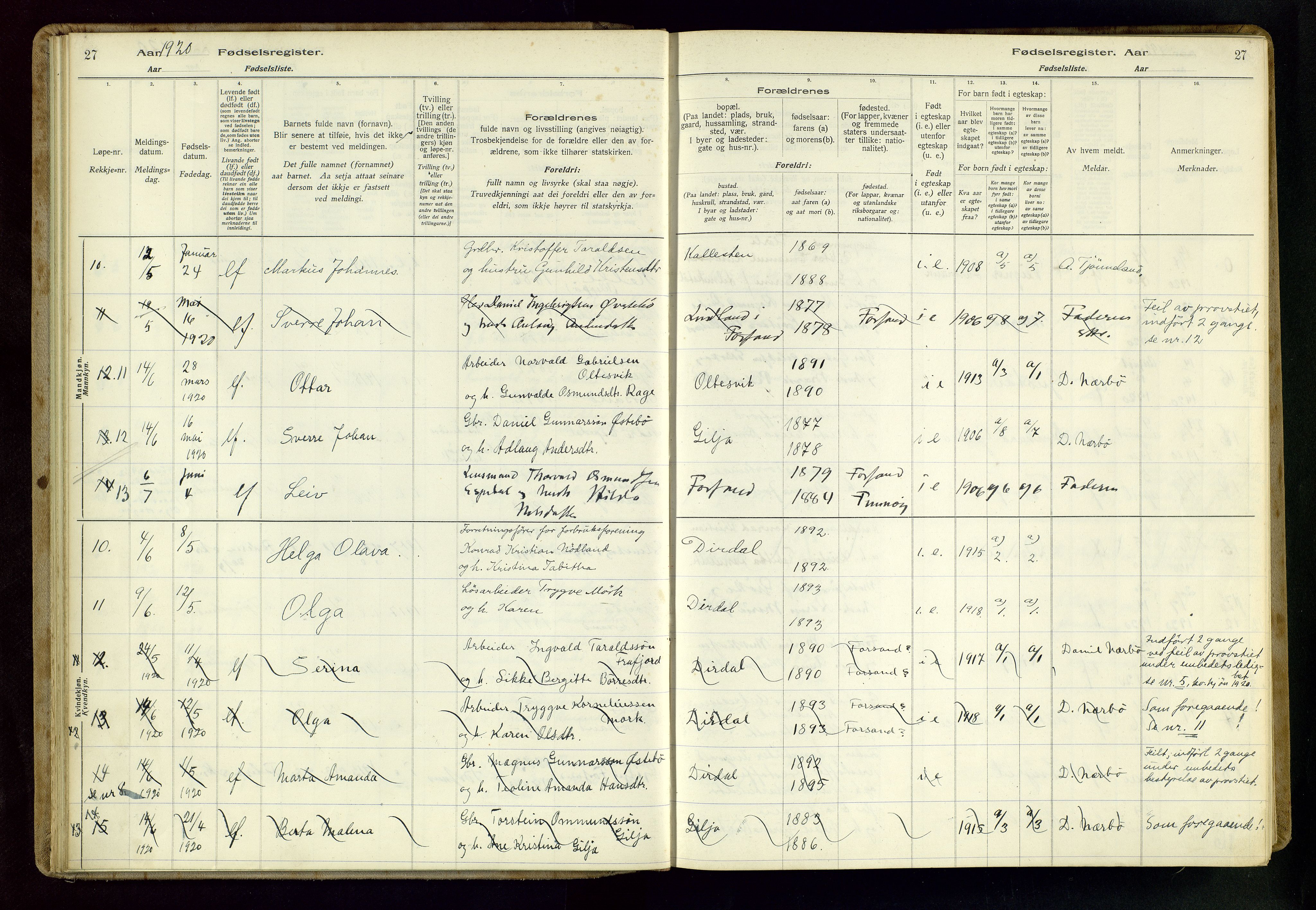 Høgsfjord sokneprestkontor, AV/SAST-A-101624/I/Id/L0002: Birth register no. 2, 1916-1959, p. 27