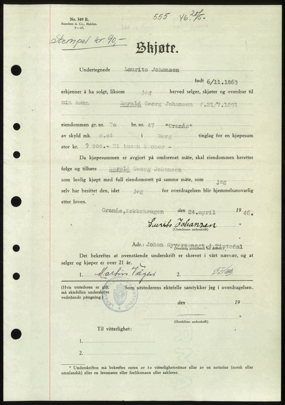 Idd og Marker sorenskriveri, AV/SAO-A-10283/G/Gb/Gbb/L0008: Mortgage book no. A8, 1946-1946, Diary no: : 555/1946