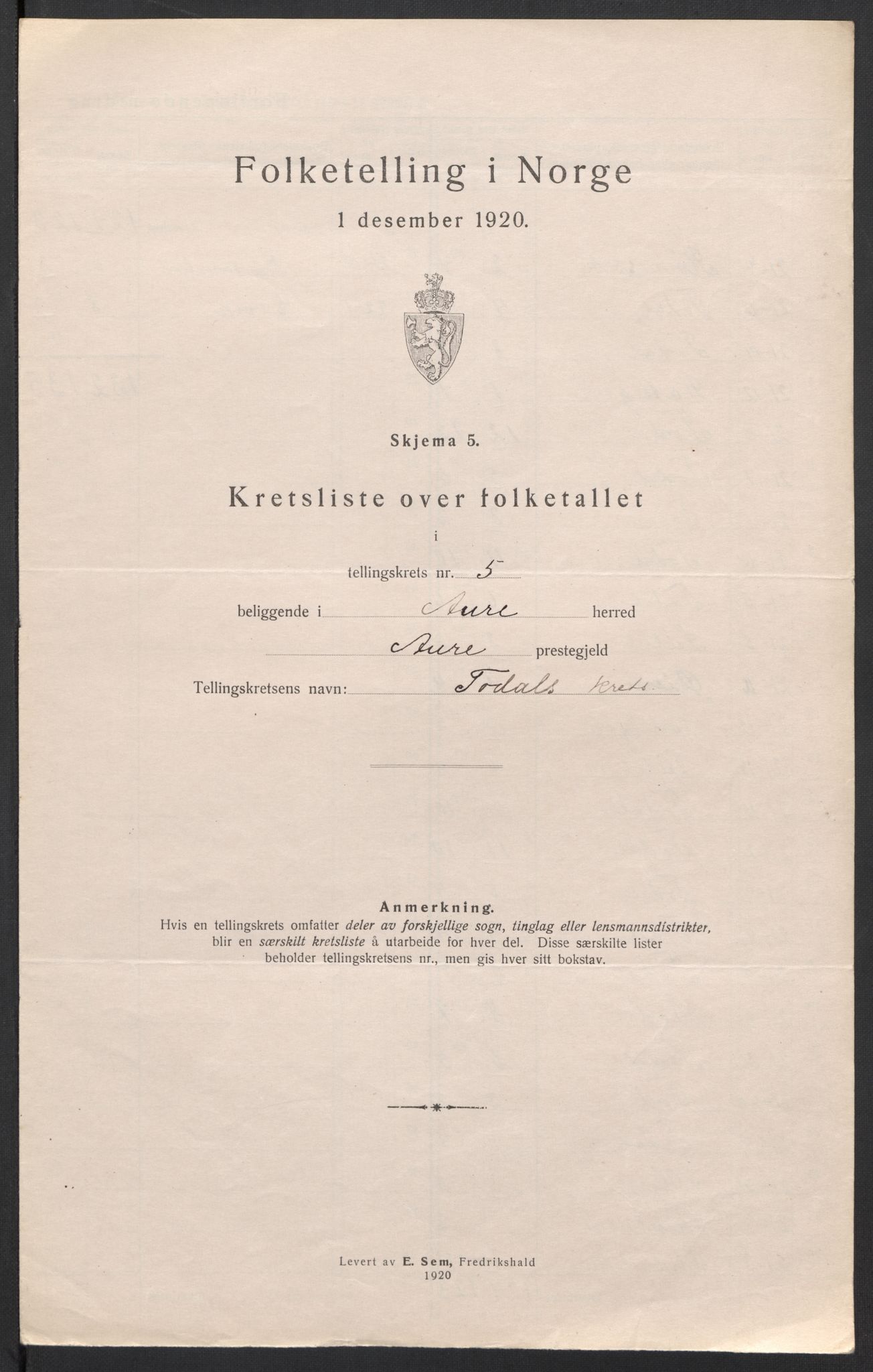 SAT, 1920 census for Aure, 1920, p. 20