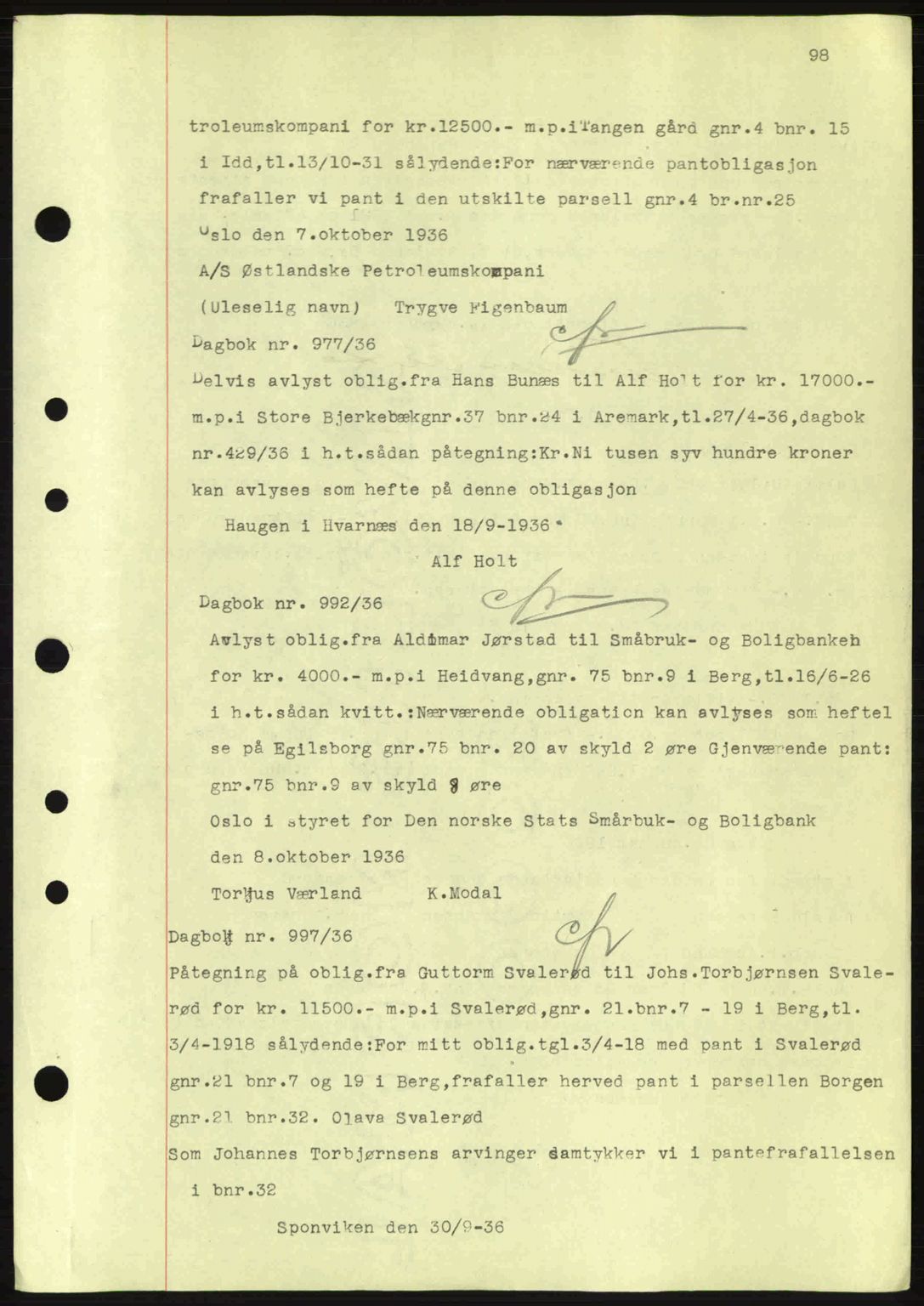 Idd og Marker sorenskriveri, AV/SAO-A-10283/G/Gb/Gbc/L0001: Mortgage book no. B1-3, 1936-1939, Diary no: : 977/1936