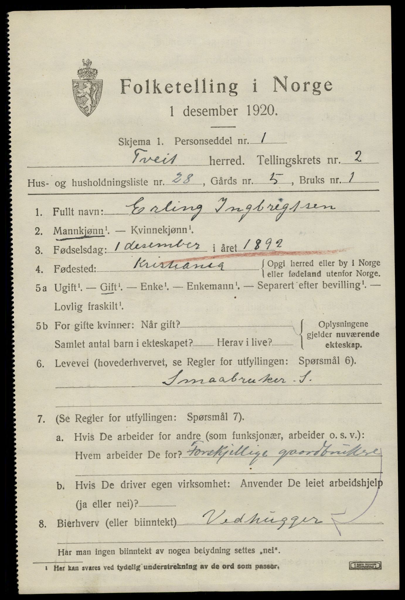 SAK, 1920 census for Tveit, 1920, p. 1462