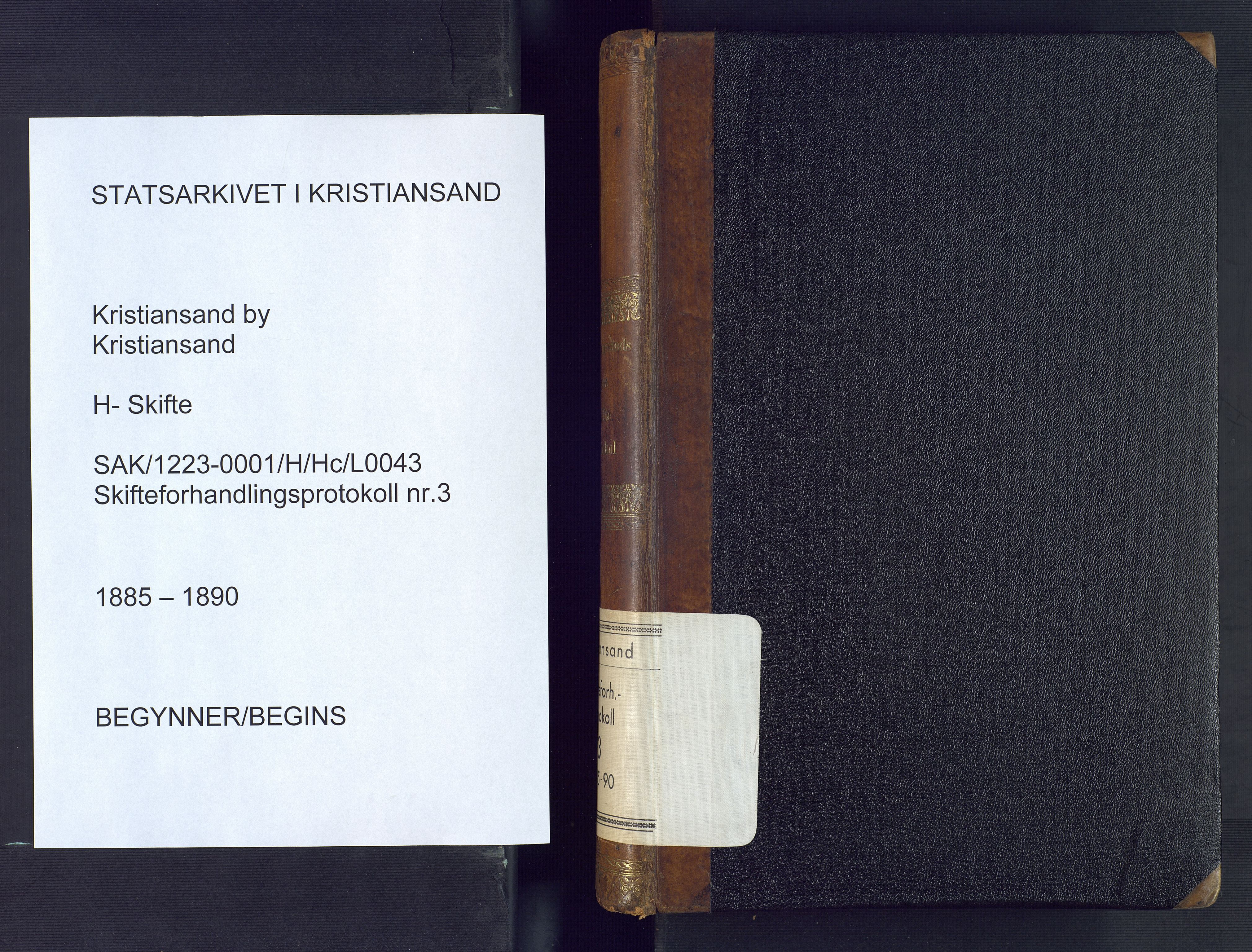 Kristiansand byrett, AV/SAK-1223-0001/H/Hc/L0043: Skifteforhandlingsprotokoll nr. 3, med register, 1885-1890