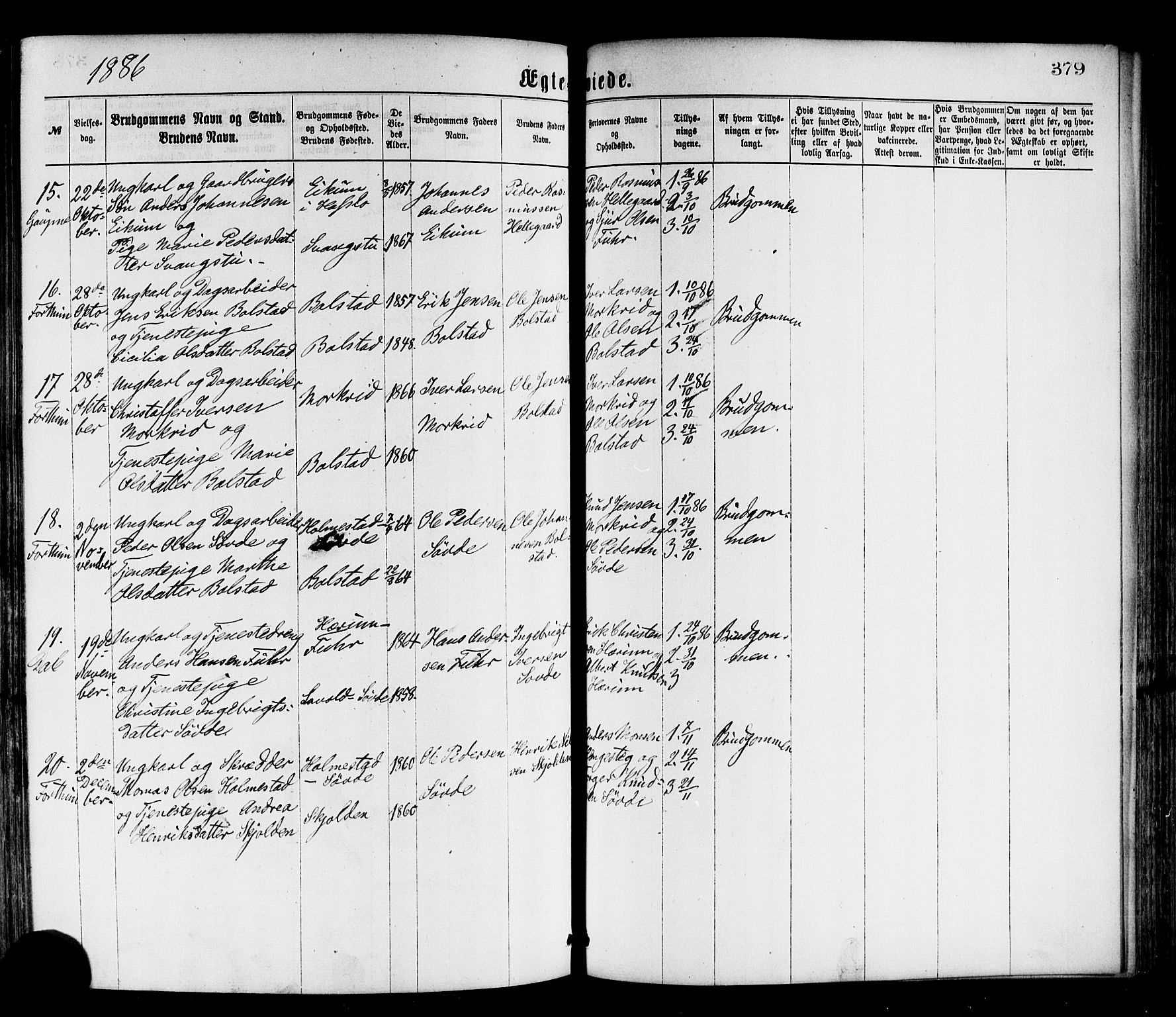 Luster sokneprestembete, AV/SAB-A-81101/H/Haa/Haaa/L0010: Parish register (official) no. A 10, 1871-1886, p. 379