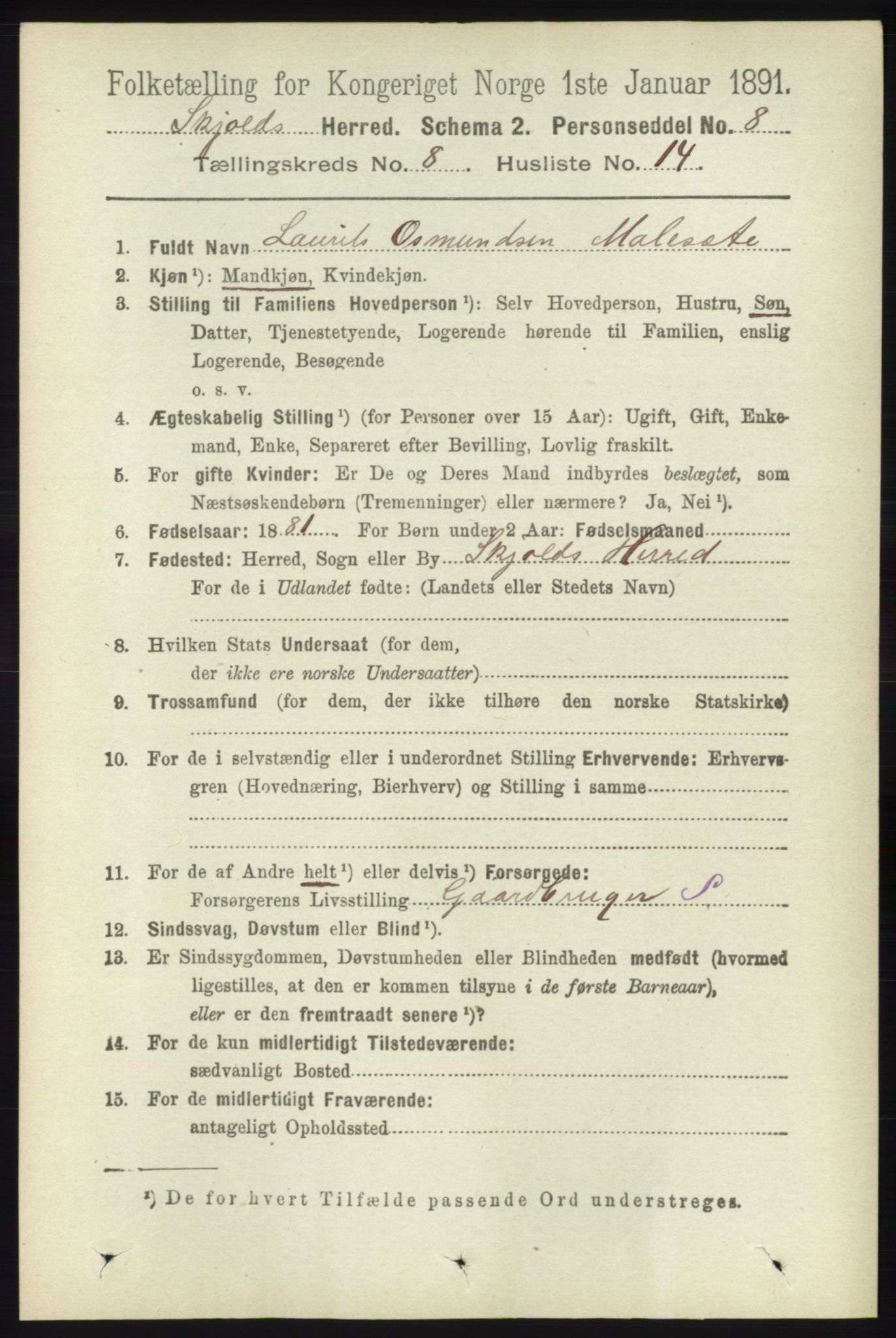 RA, 1891 census for 1154 Skjold, 1891, p. 1673