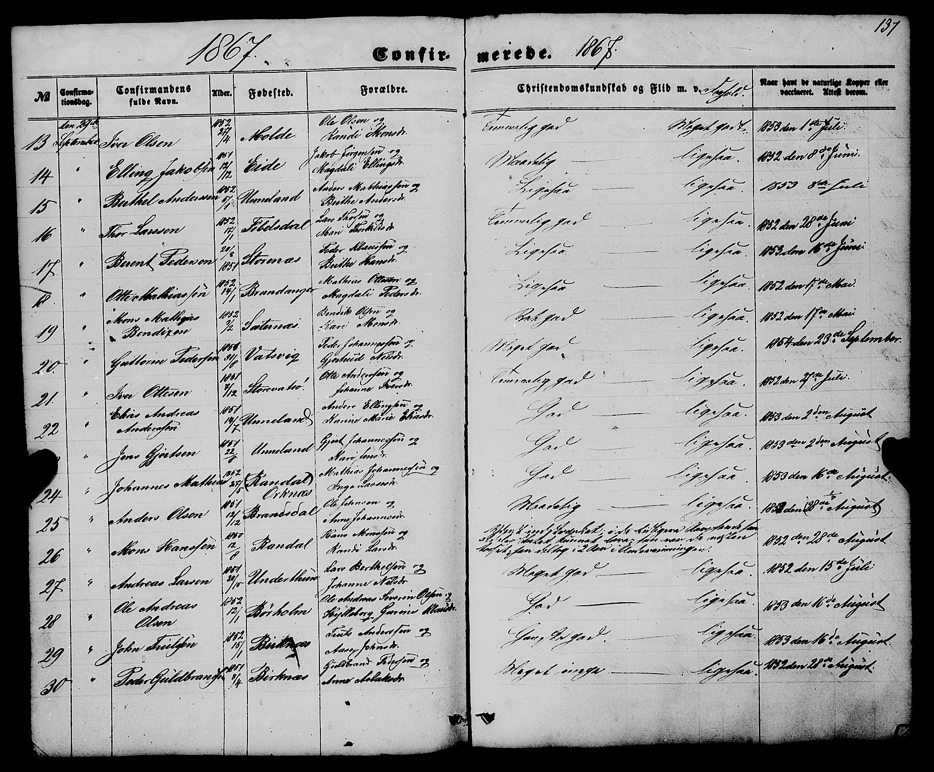 Gulen sokneprestembete, AV/SAB-A-80201/H/Haa/Haaa/L0022: Parish register (official) no. A 22, 1859-1869, p. 137