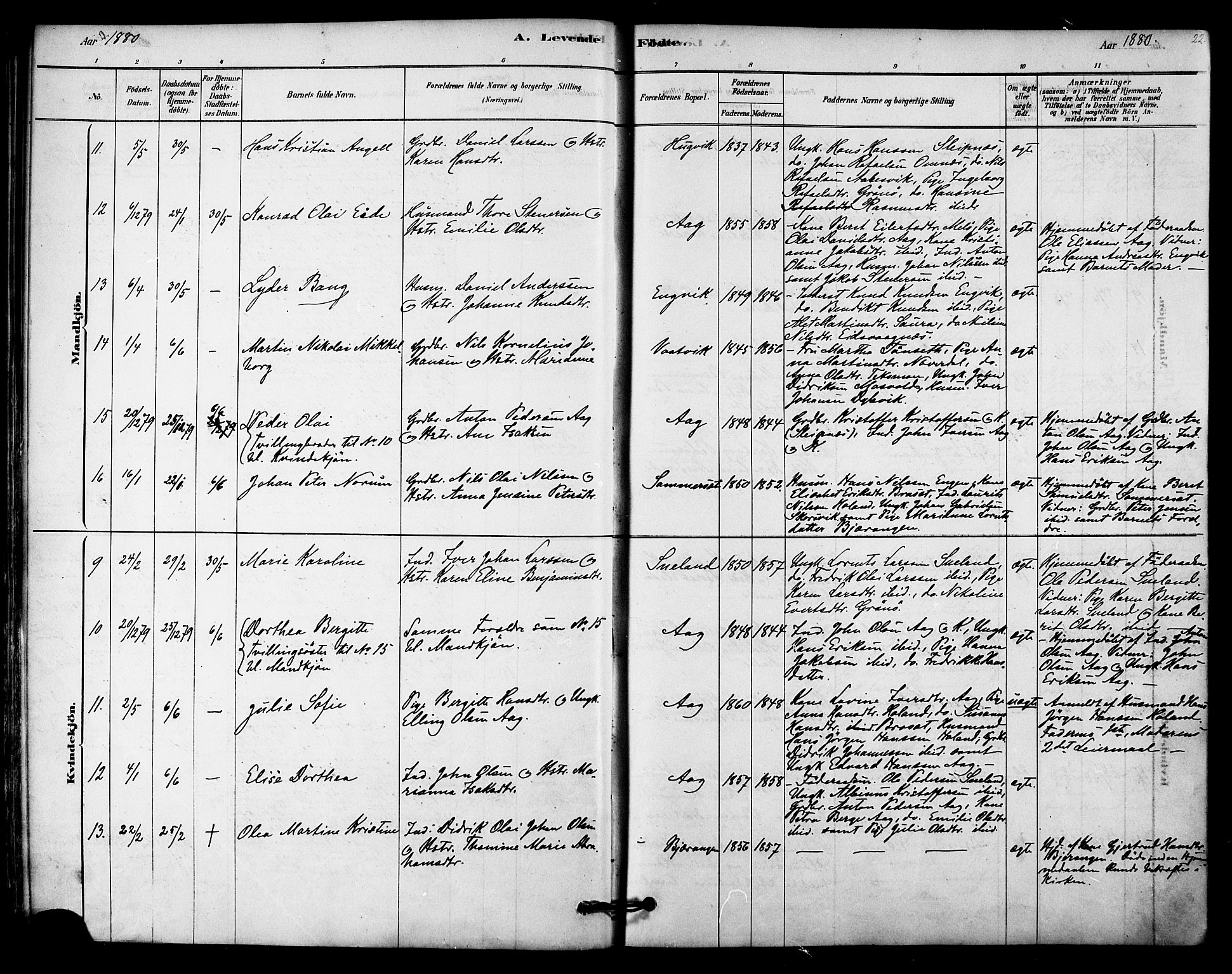 Ministerialprotokoller, klokkerbøker og fødselsregistre - Nordland, AV/SAT-A-1459/843/L0626: Parish register (official) no. 843A01, 1878-1907, p. 22