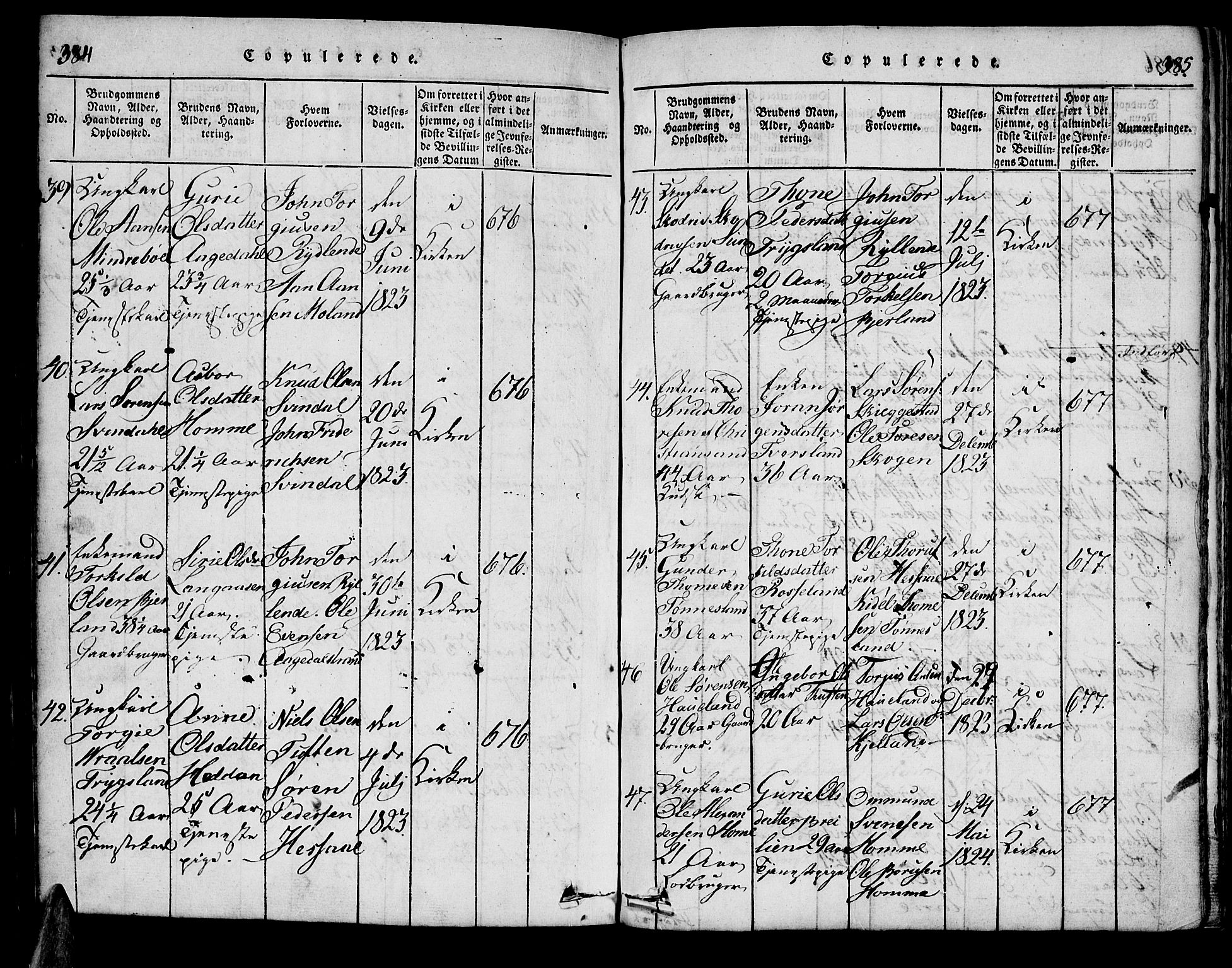 Bjelland sokneprestkontor, SAK/1111-0005/F/Fa/Faa/L0002: Parish register (official) no. A 2, 1816-1866, p. 384-385