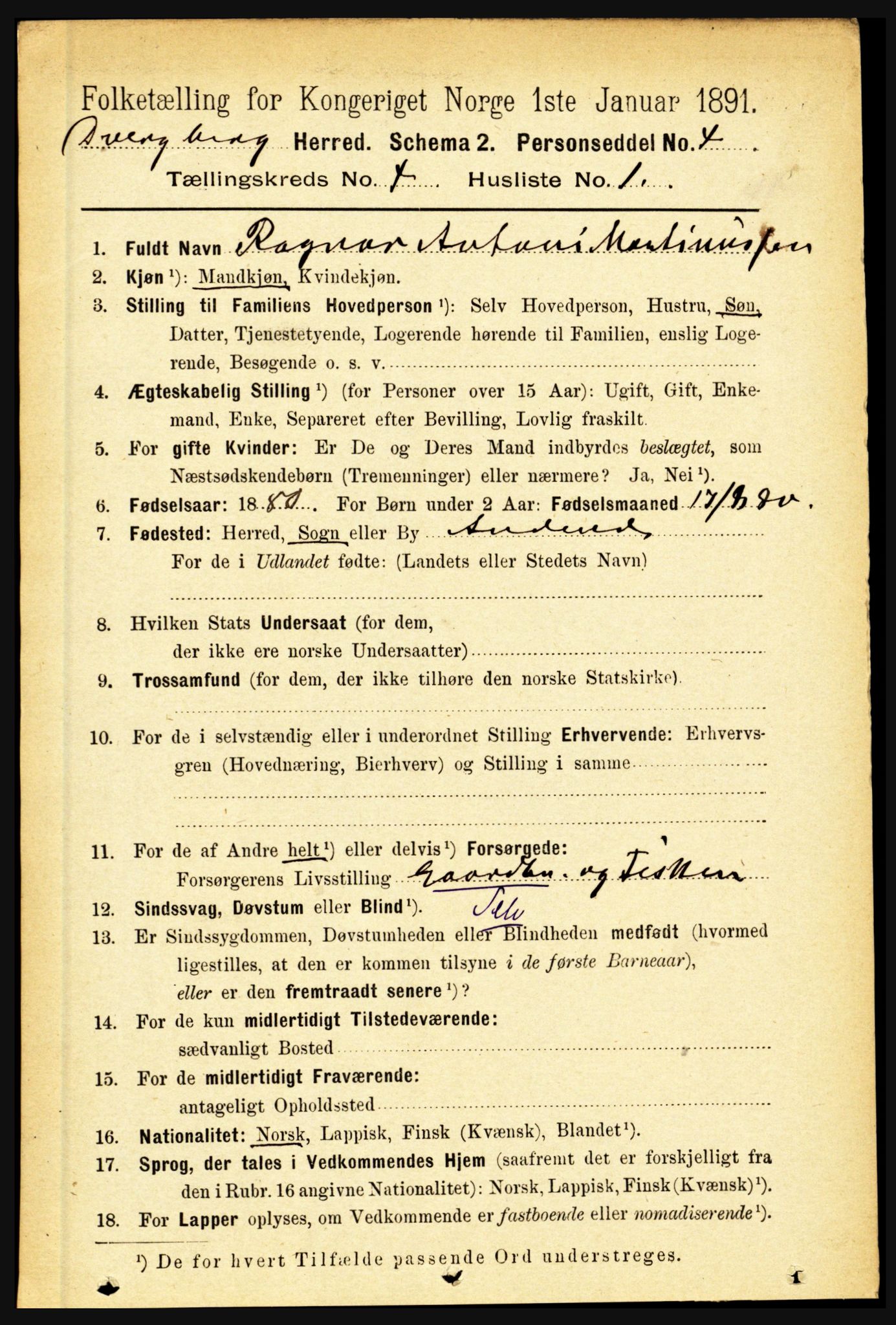 RA, 1891 census for 1872 Dverberg, 1891, p. 1278