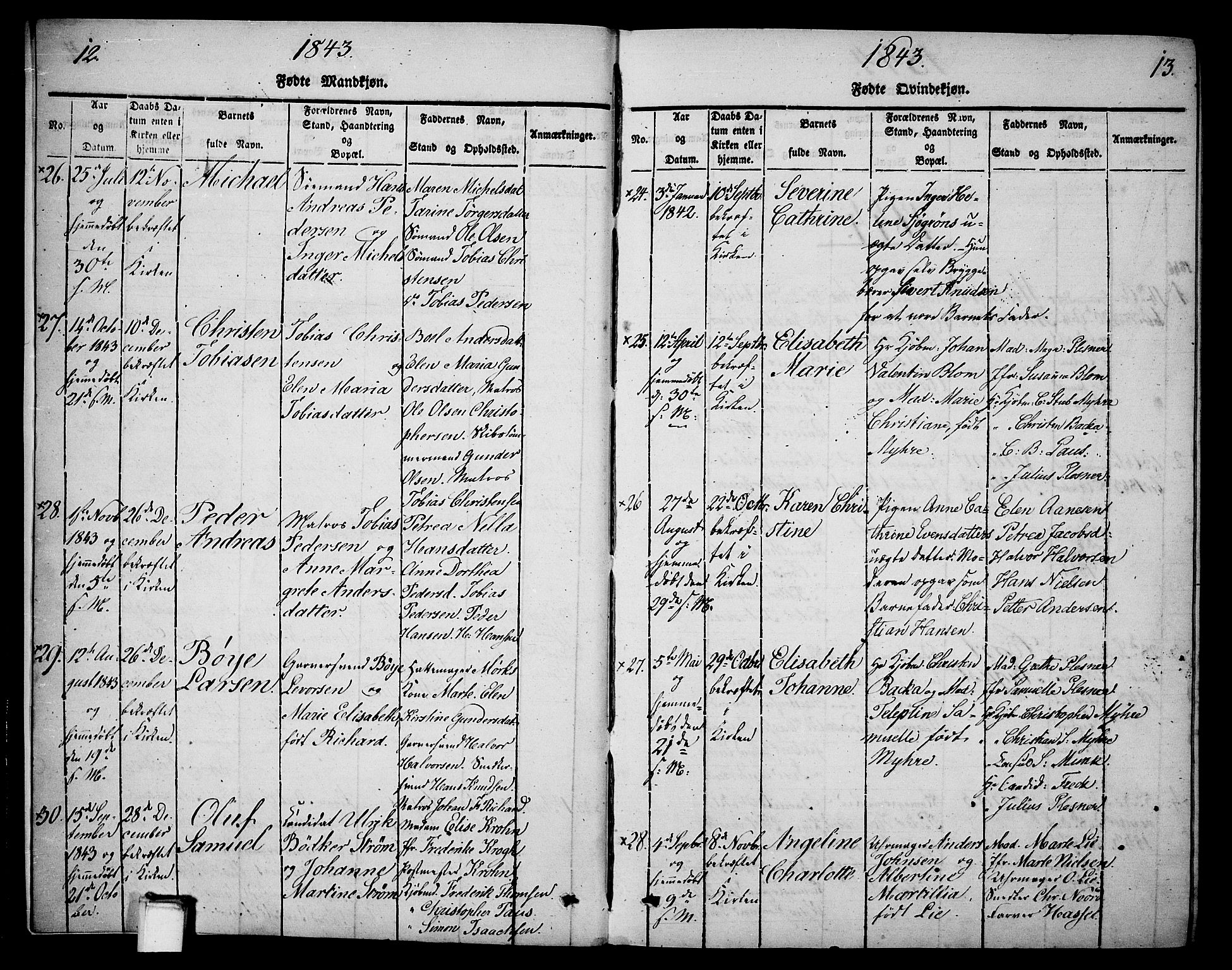Skien kirkebøker, SAKO/A-302/G/Ga/L0003: Parish register (copy) no. 3, 1843-1847, p. 12-13