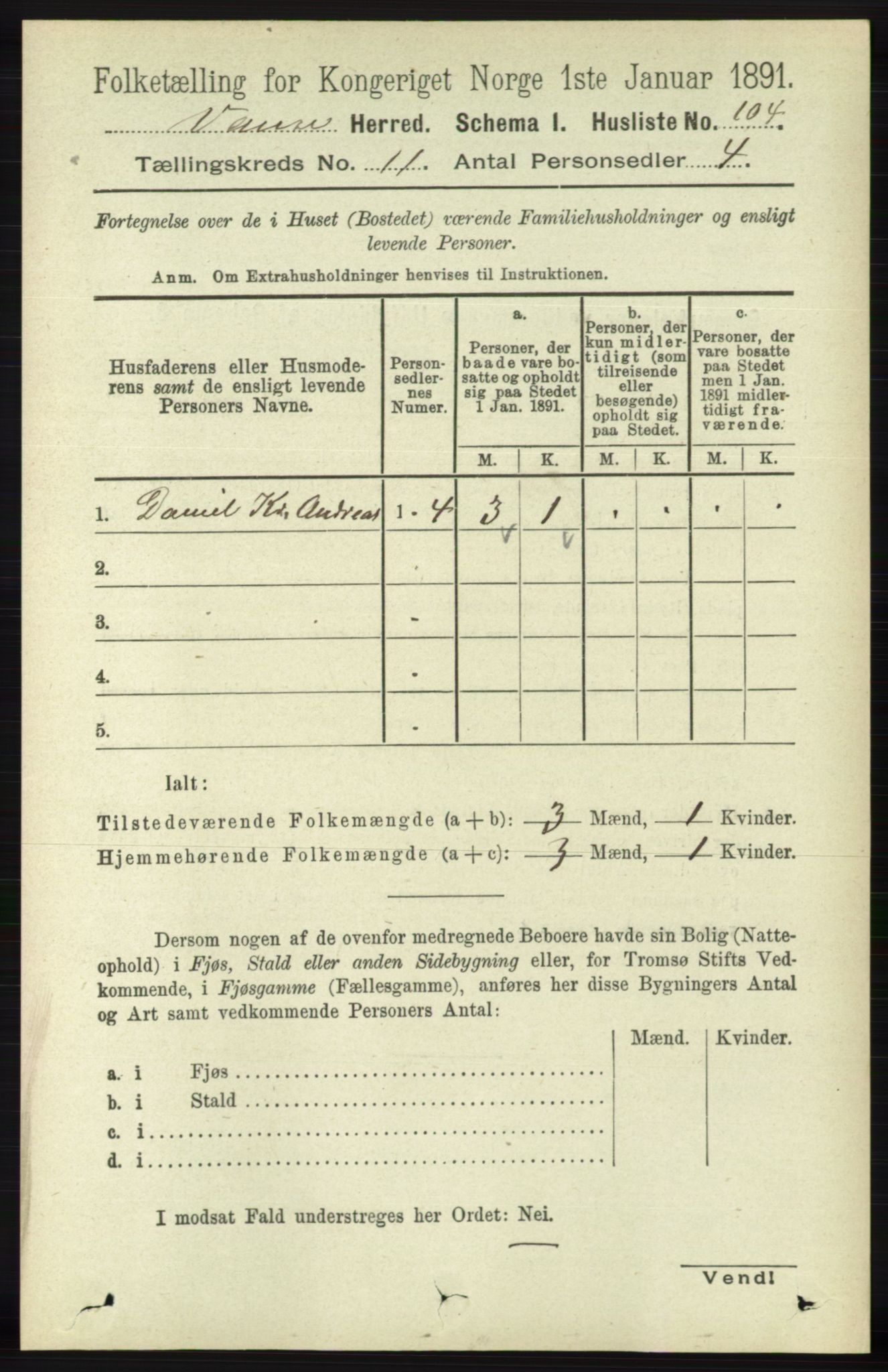 RA, 1891 census for 1041 Vanse, 1891, p. 6182