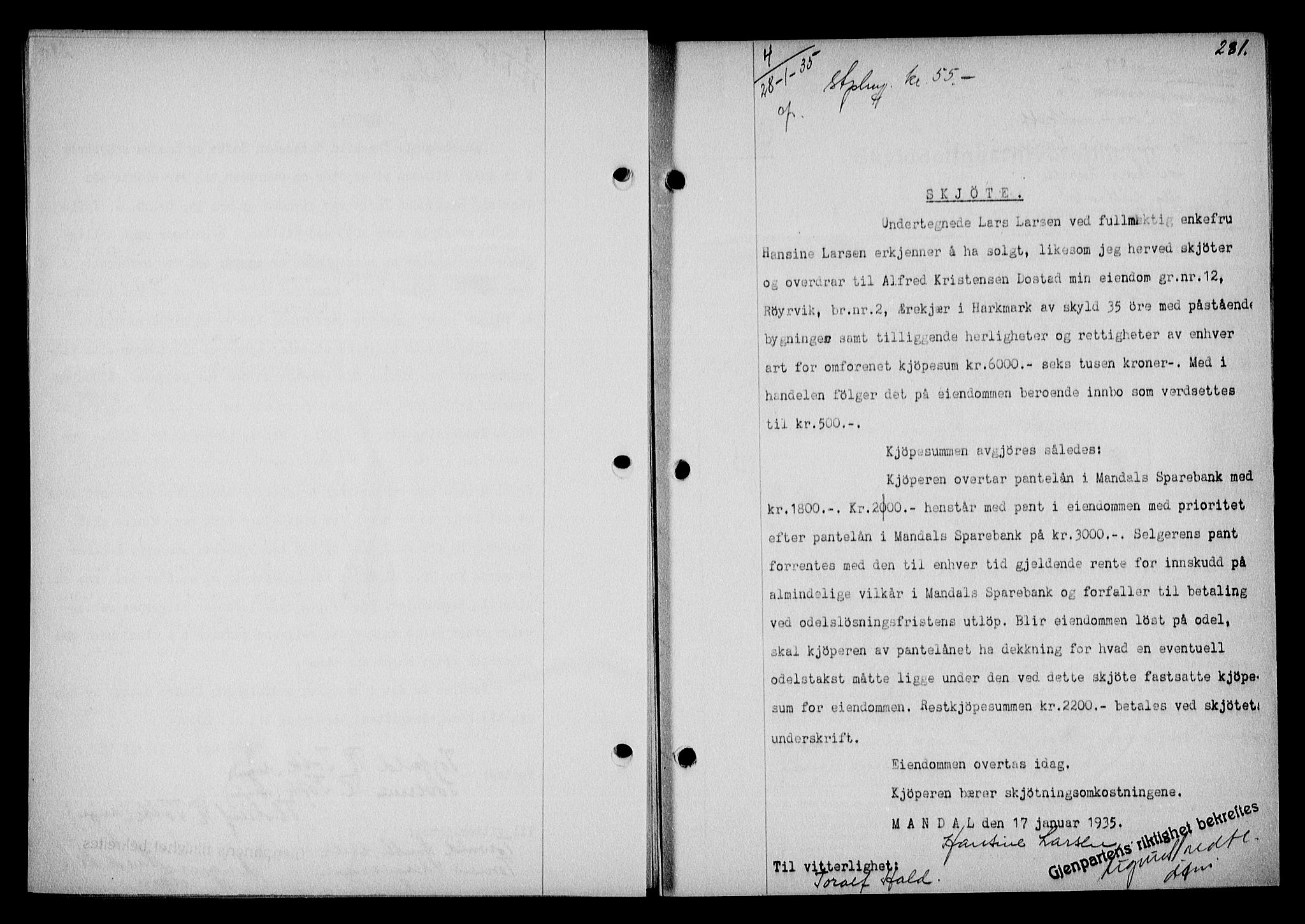 Mandal sorenskriveri, SAK/1221-0005/001/G/Gb/Gba/L0068: Mortgage book no. A-5, 1934-1935, Deed date: 28.01.1935