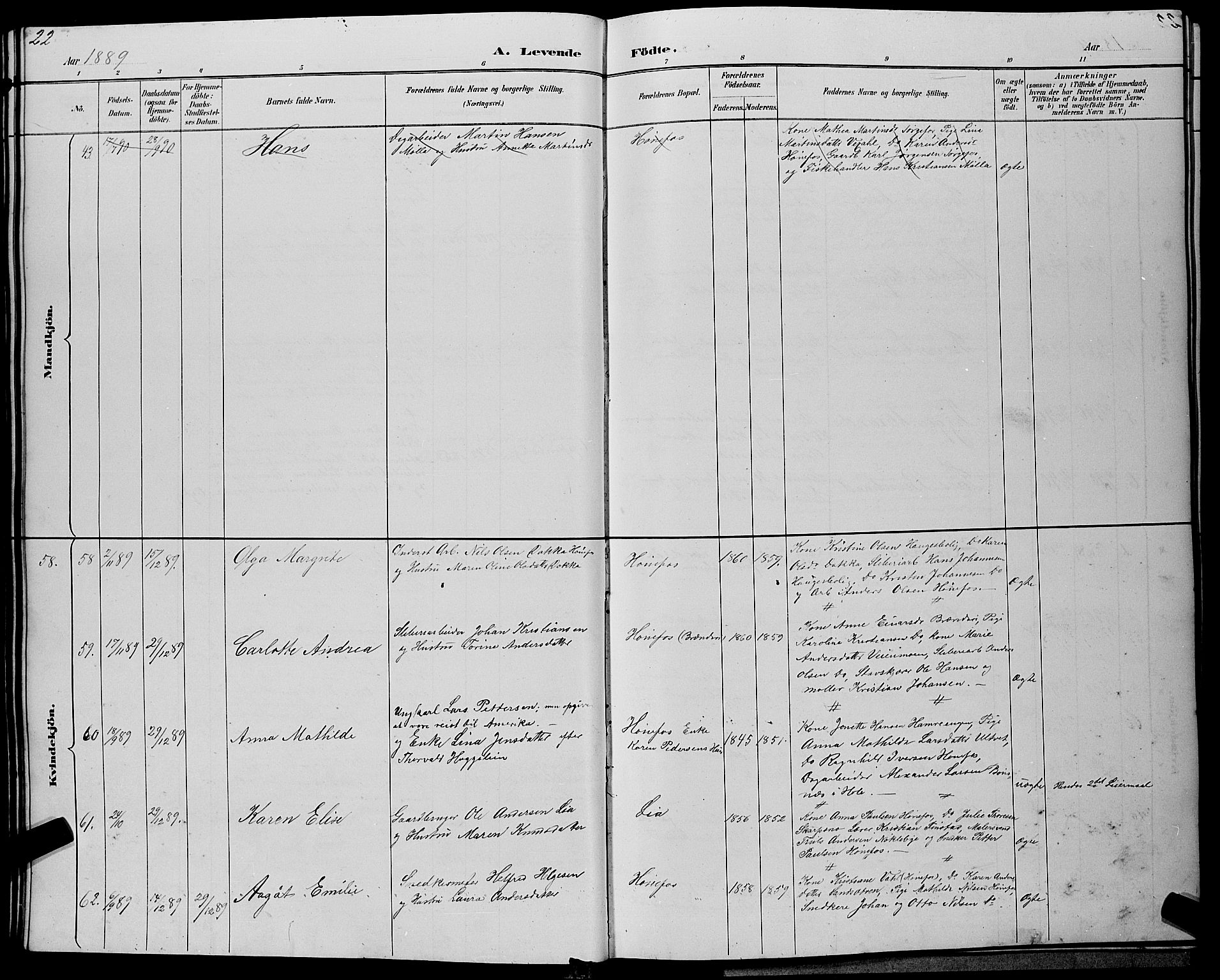 Hønefoss kirkebøker, SAKO/A-609/G/Ga/L0002: Parish register (copy) no. 2, 1888-1904, p. 22