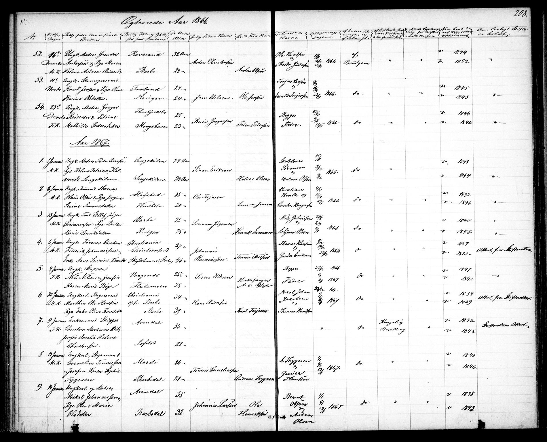 Tromøy sokneprestkontor, AV/SAK-1111-0041/F/Fb/L0003: Parish register (copy) no. B 3, 1859-1868, p. 208