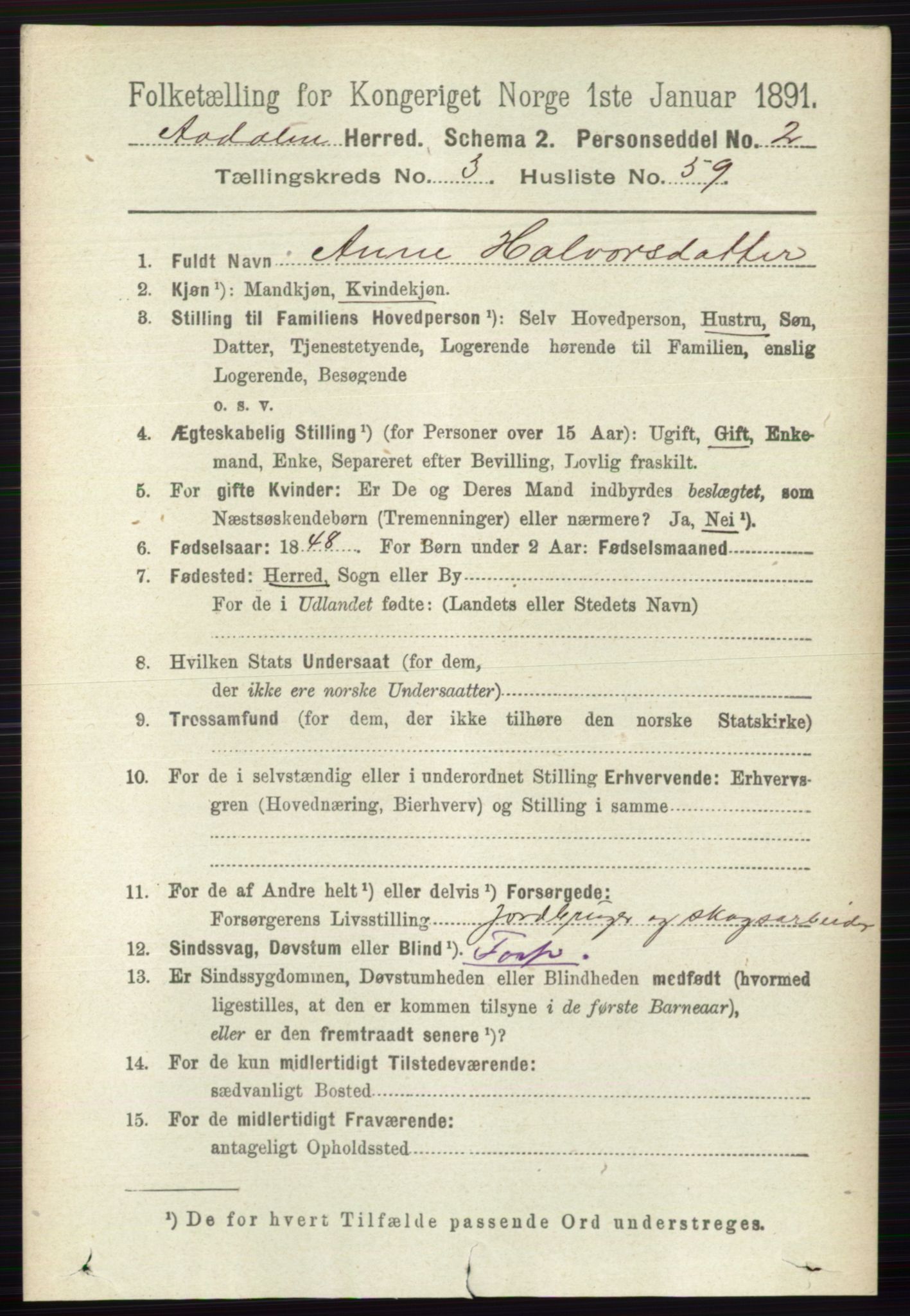 RA, 1891 census for 0614 Ådal, 1891, p. 1438