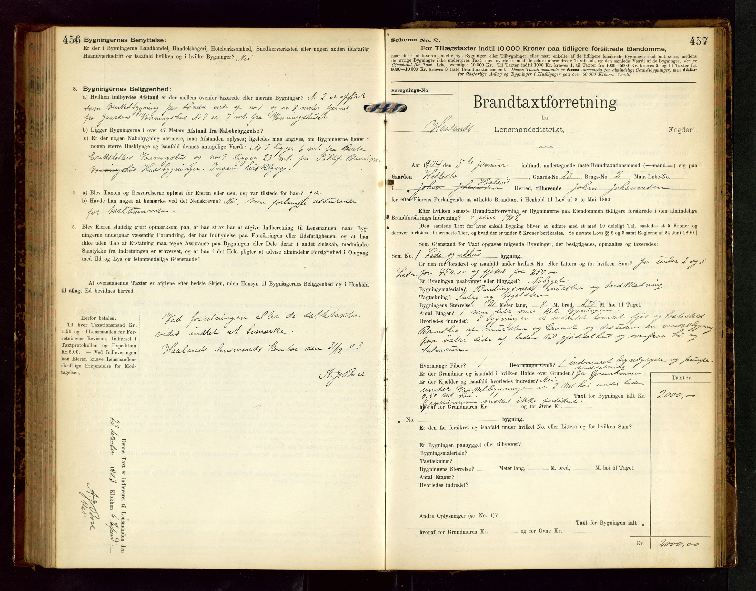 Håland lensmannskontor, SAST/A-100100/Gob/L0002: Branntakstprotokoll - skjematakst. Register i boken., 1902-1906, p. 456-457