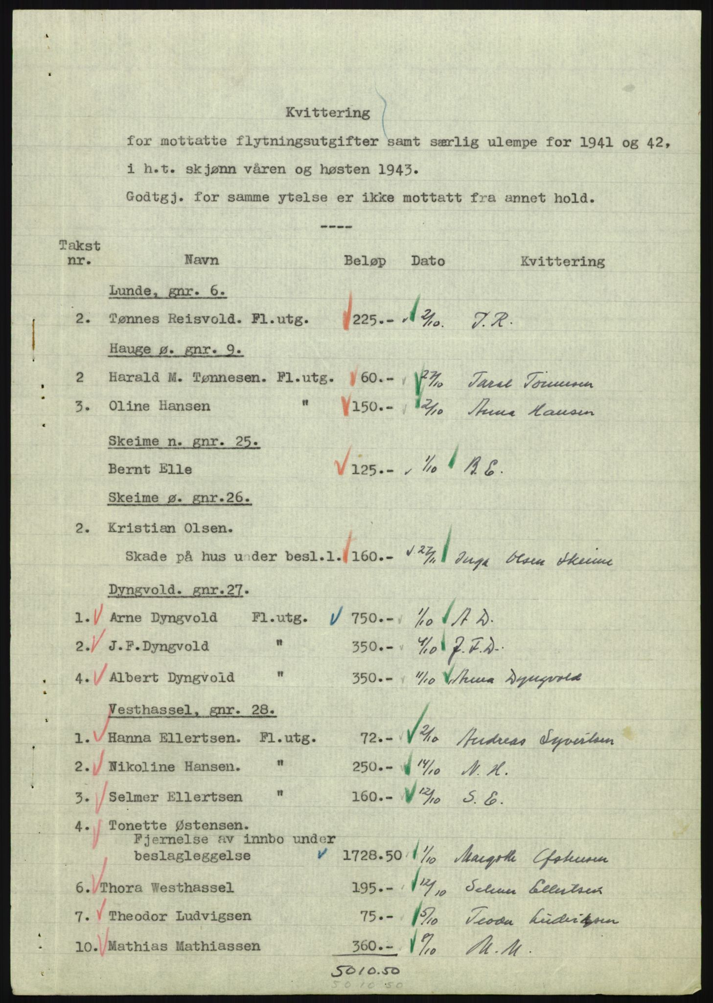 Forsvarsdepartementet, 10. kontor / Oppgjørskontoret, AV/RA-RAFA-1225/D/Db/L0180: Lista oppgjørskontor, 1942-1952, p. 1084